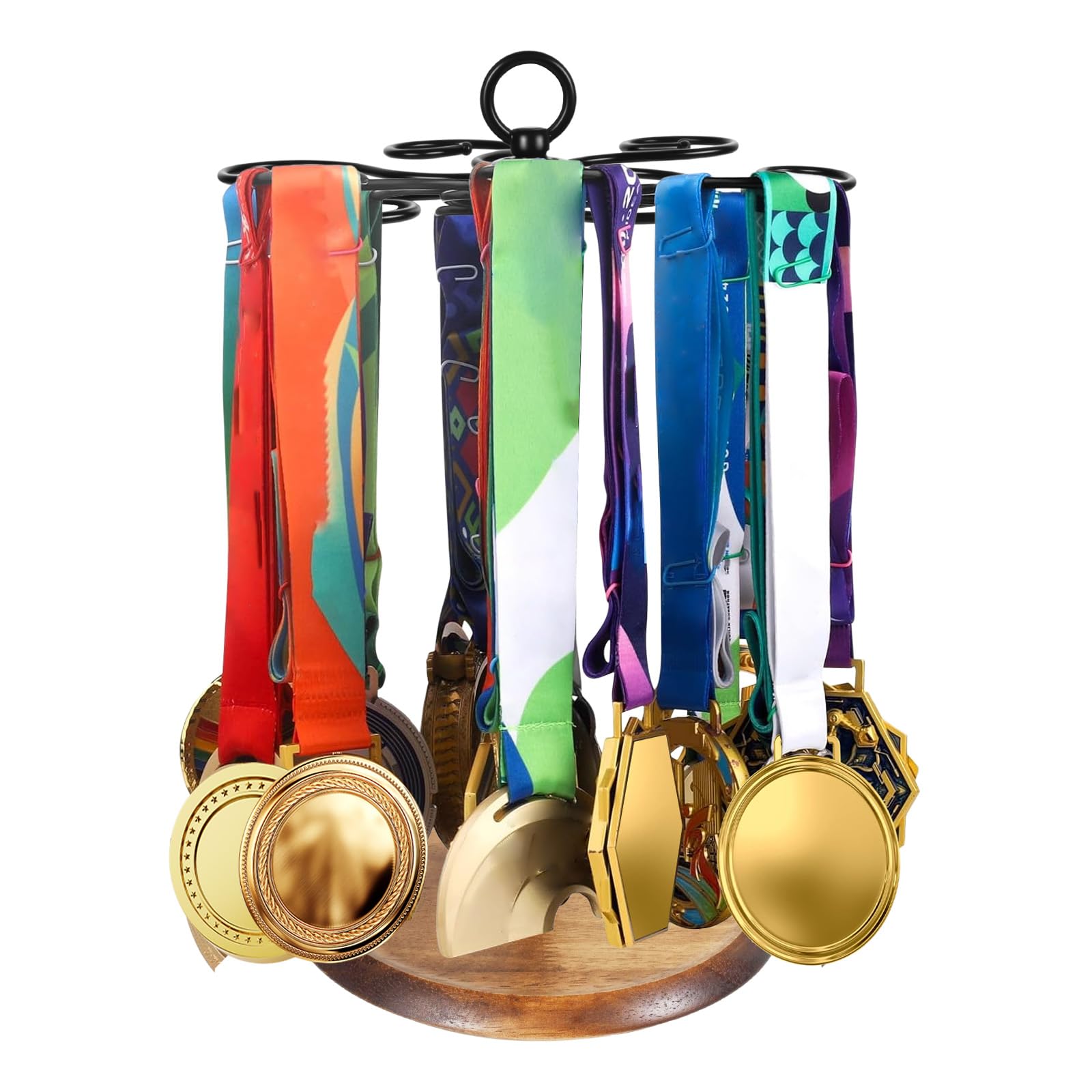 Bpyhebe Black 360 Degree Rotating Medal Hanger Display, Wine Glass Holder, Wood Medals Desk Stand, Personalised Medal Rack For Any Sport Football Running Swimming