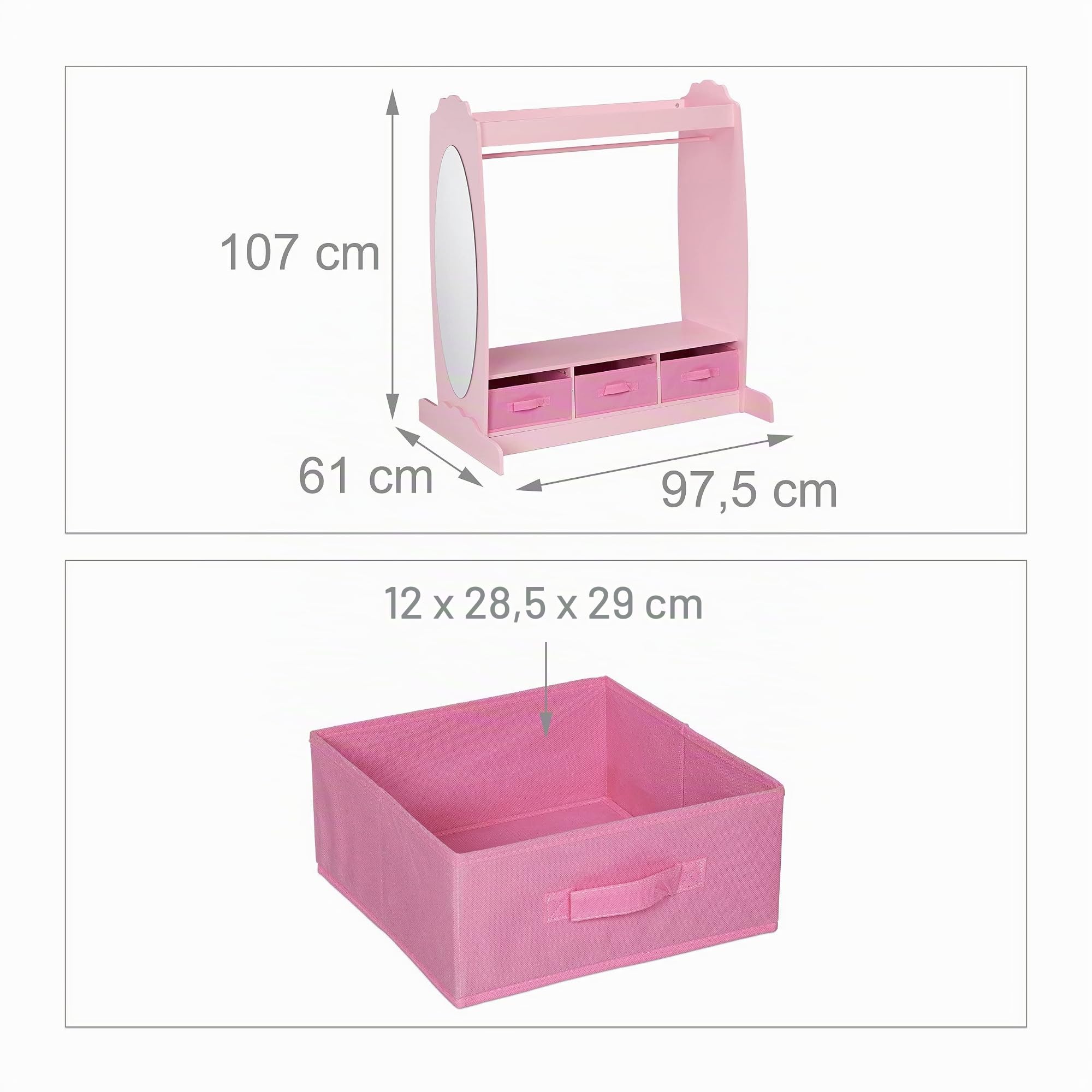 Relaxdays Perchero Infantil, 5 Compartimentos, Colgador de Ropa Niñas, con Gancho y Espejo, 107 x 97,5 x 61 cm, Rosa