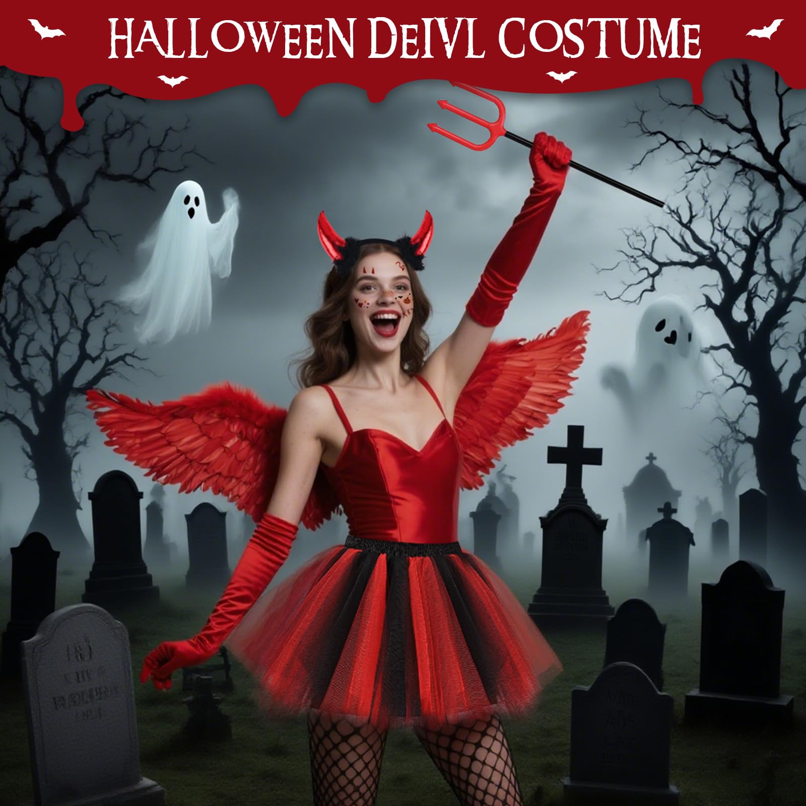 Costume Angelo Halloween Costume Donna con Ali Rosse Corna Forcone Diavolo Guanti Calze a Rete e Gonna Tutù, Ali Angelo Rosse Costume Diavolo per Adulto Bambino Feste di Halloween Carnevale