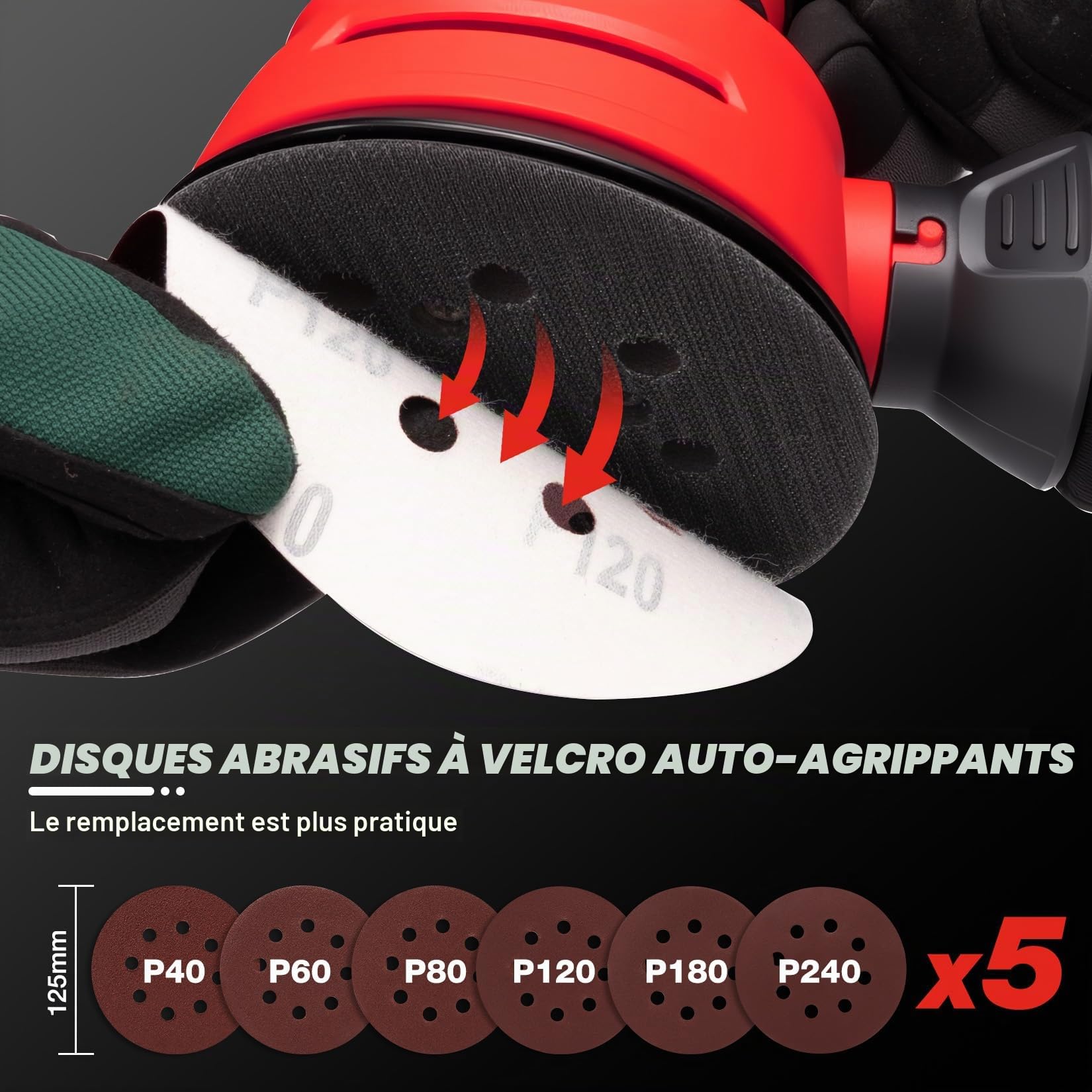 SHALL 350W Ponceuses excentrique，avec 30 feuilles abrasives, outil à main de 125 mm, fonction d'aspiration des poussières, convient au ponçage, au polissage et au travail du bois.