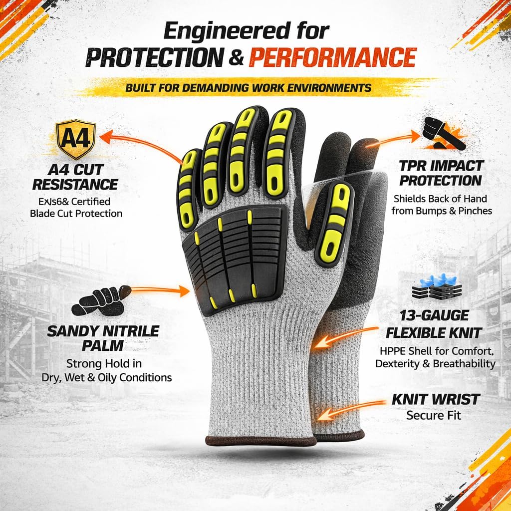 Knit Cut Resistant Work Gloves, Nitrile Coated, HPPE, TPR Back, A4 Cut Level, 13ga, Gray, Size 2XL, Pkg Qty 12
