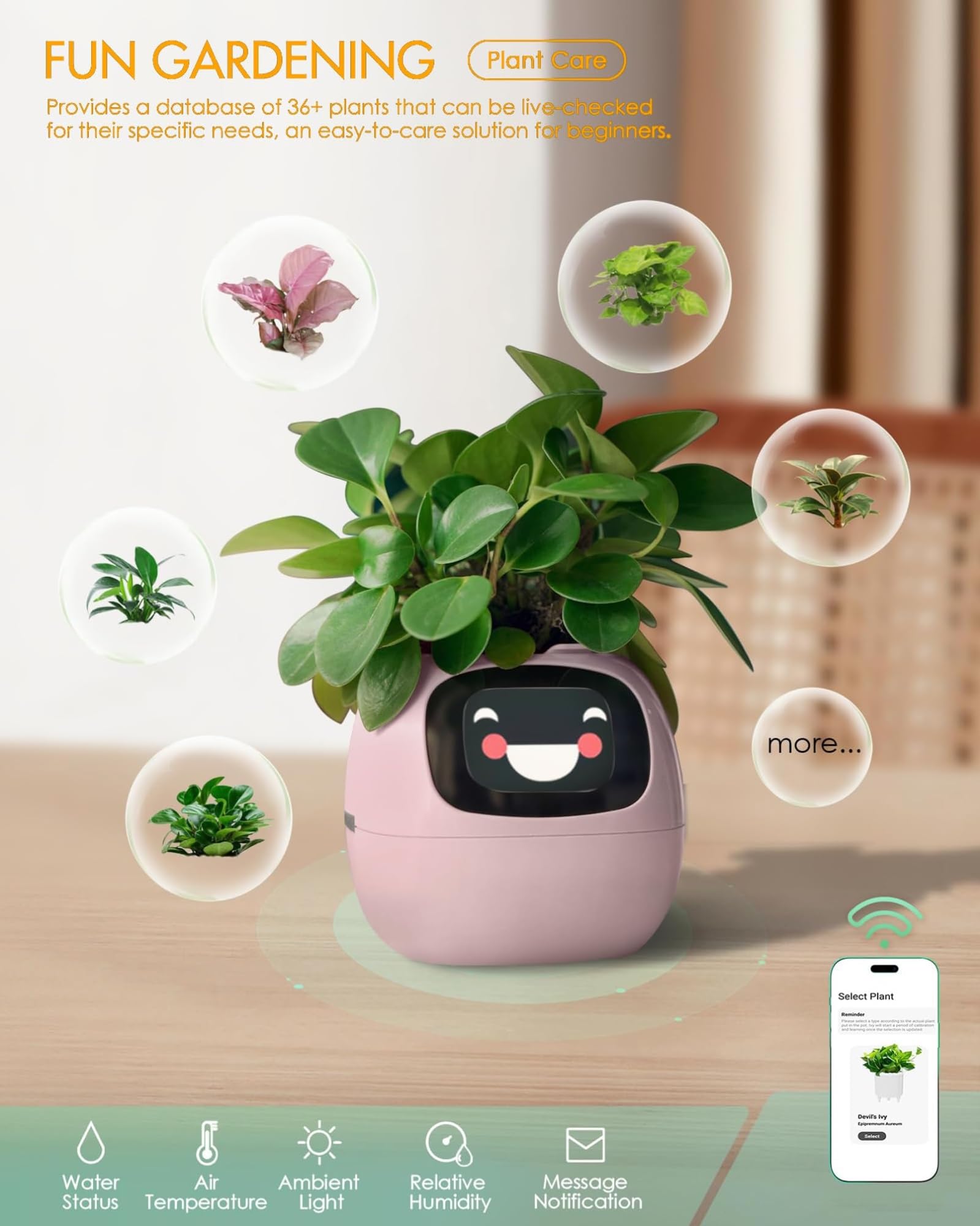 AI Smart - Vaso per piante con sensori intelligenti e display LCD, controllo tramite app, per casa, espressione intelligente, visualizzazione dell'ora e del tempo