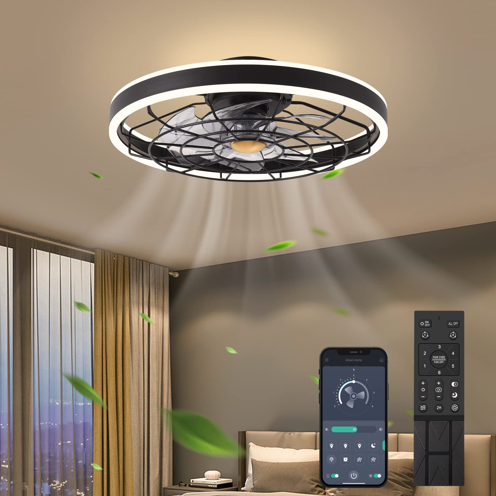 Kexcbogj 2023 Upgraded 2107F Black Ceiling Fans with Lights App & Remote Control, Timing & 3 Led Color Led , 6 Wind Speeds Modern for Bedroom, Living Room