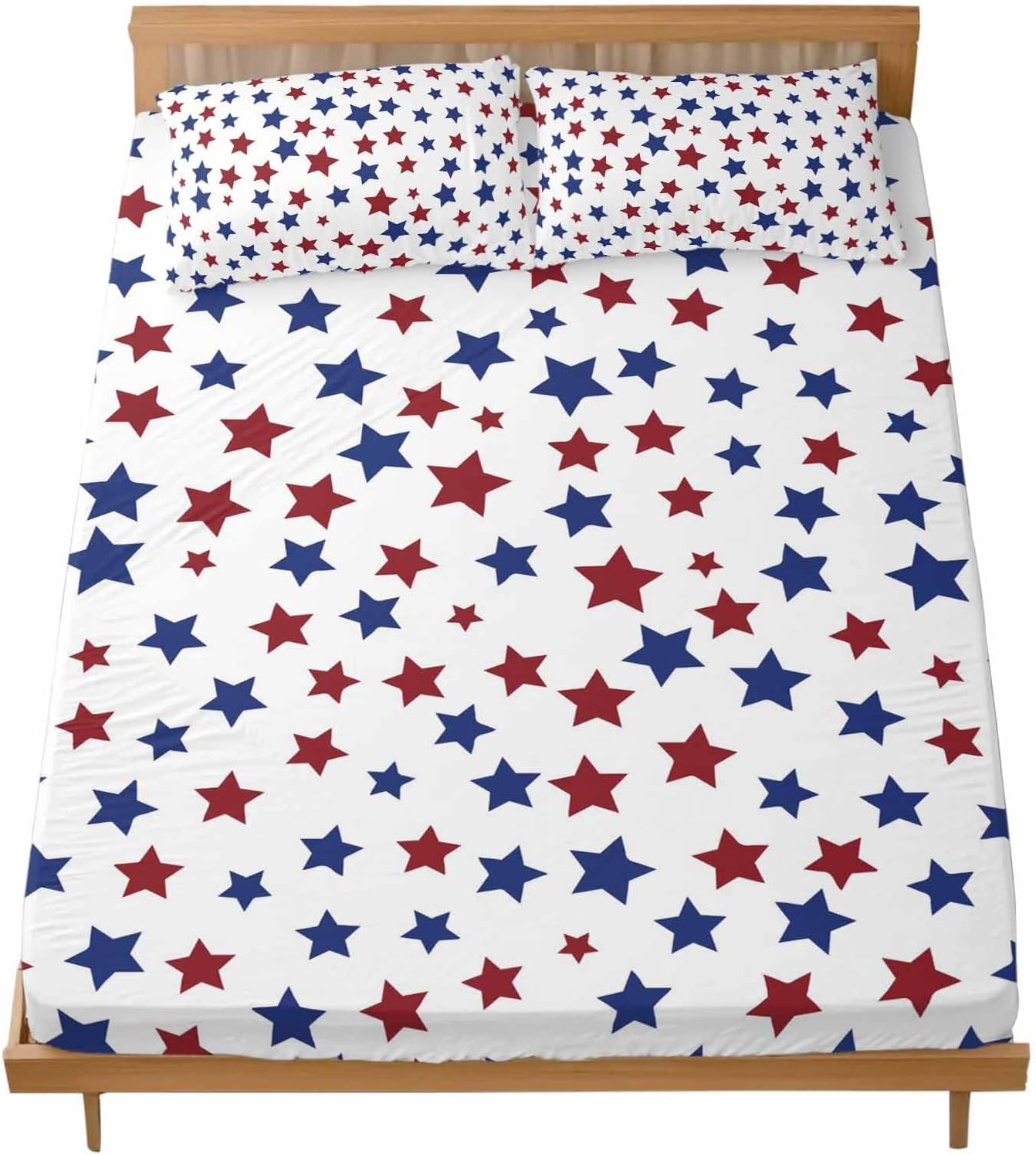 Savannan 3 Pieces Cal King Fitted Sheet Set, Red Blue Five-Point Stars Deep Pocket Up to 16", Independence Day Decoration Soft Elastic Bed Sheets and Pillow Cases Secure Fit