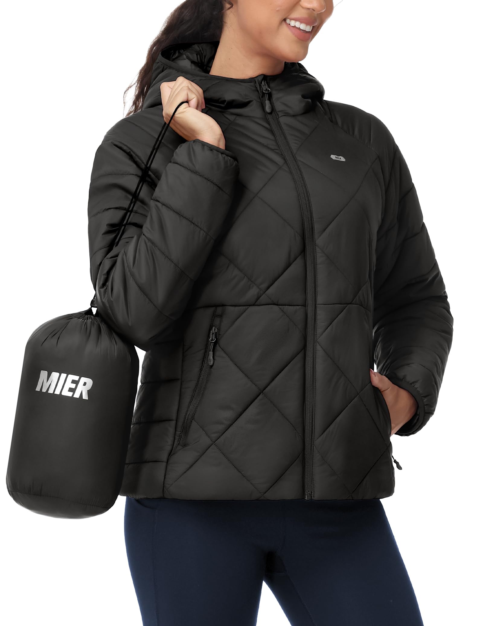 MIER Frauen Leichtgewicht Puffer Jacke Packbar gepolsterte Mäntel mit Kapuze und Taschen Warme Winter gepolsterte Jacken, wasserdicht