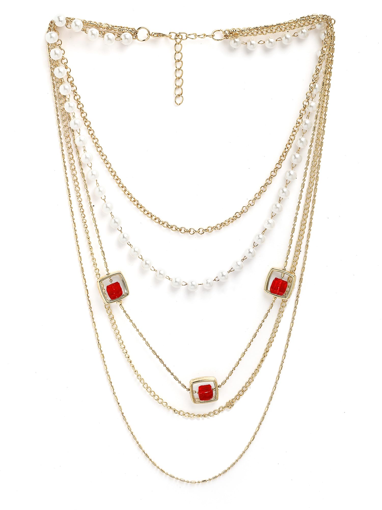 karatcart Gold-Plated Red Stone Multilayer Chain Necklace for Women-picture-13