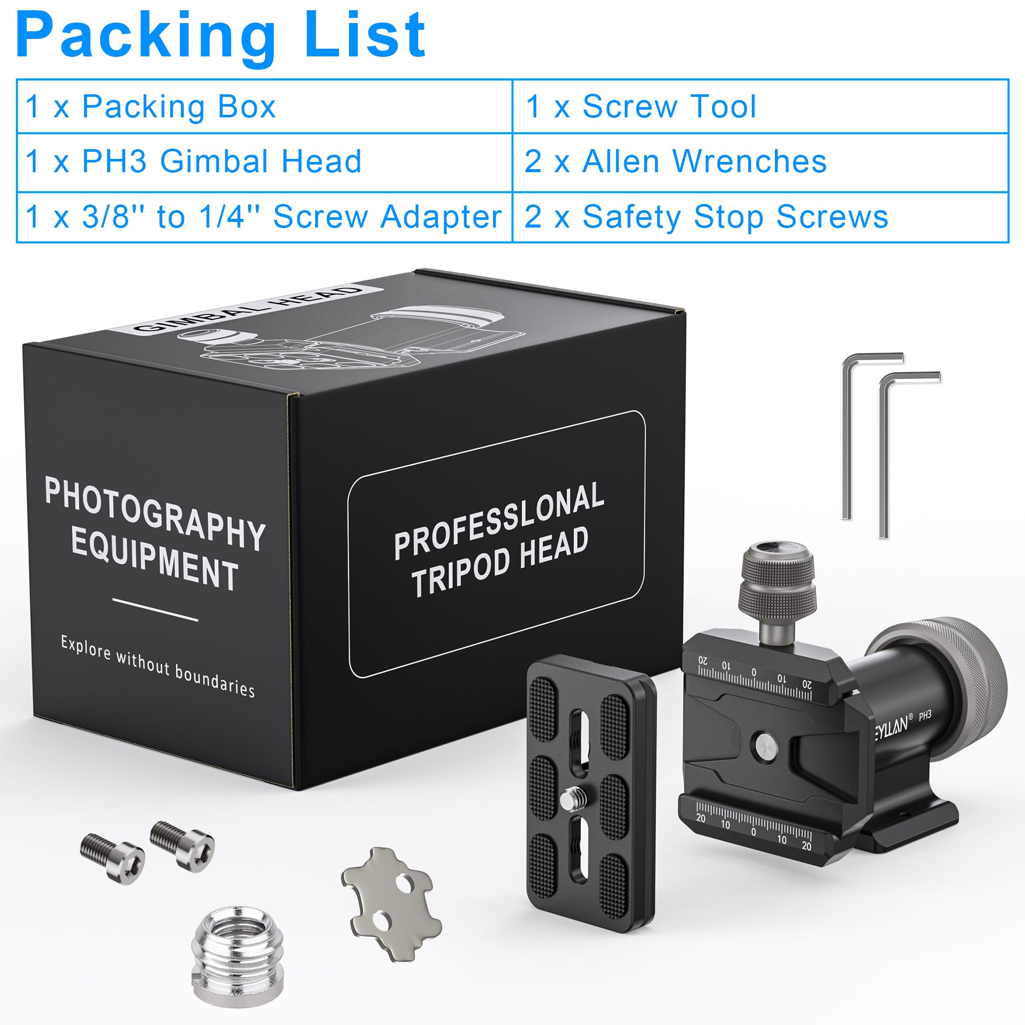WEYLLAN PH3 Monopod Gimbal Cabeza, Cabeza de Gimbal Monopodo, CNC All Metal Side Inclinación Cabeza con Placa Arca Swiss Quick Release para Trípode, Lentes Largas para Telefoto, Carga Máxima 10 kg