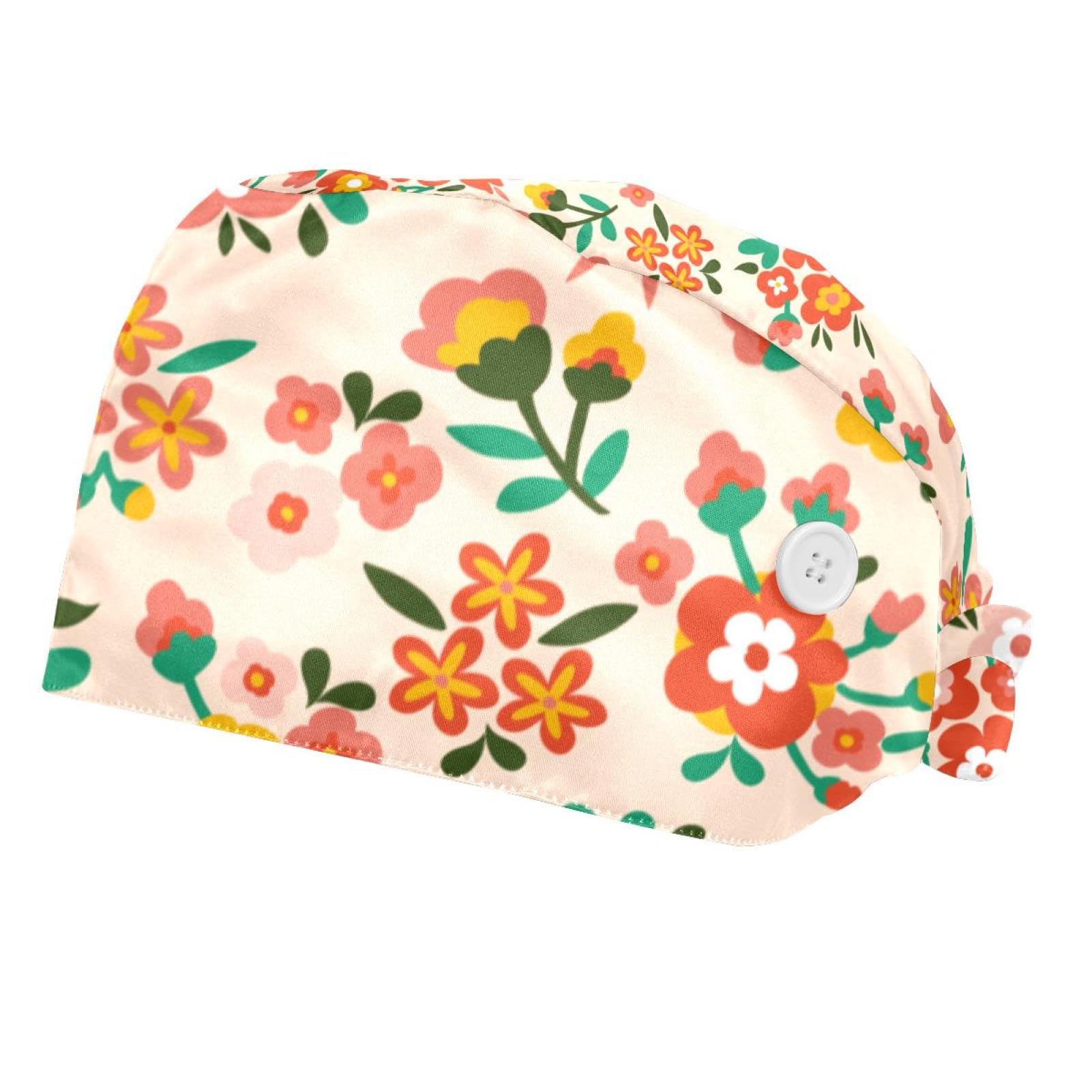 Color Dark Flower 2 Pieces Unisex Working Caps with Buttons Adjustable Bouffant Hats Tie Back Caps