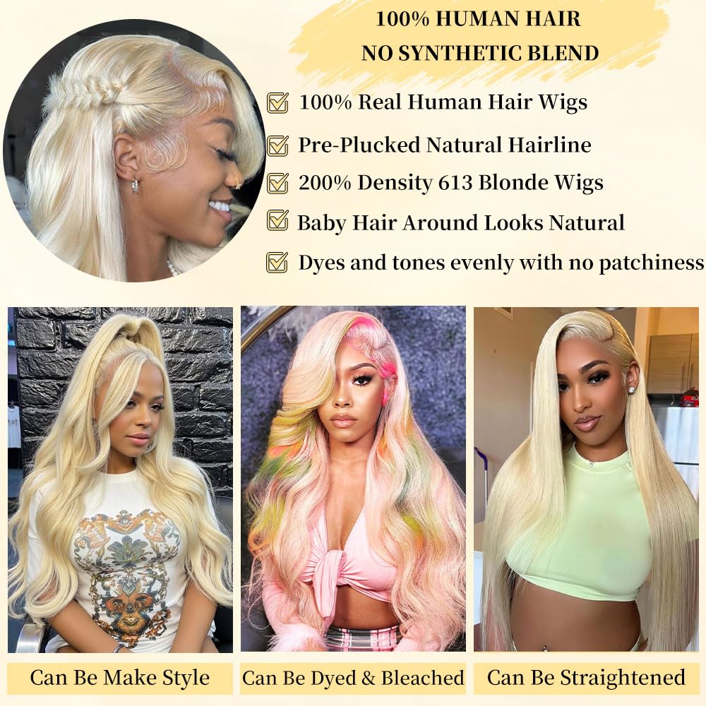 613 13x6 Lace Front Wig Human Hair 30 Inch 100% Real Blonde Wig Human Hair Body Wave HD Lace Front Wigs Human Hair 200 Density Easily Stained No Tangle Minimal Shedding Longer Life