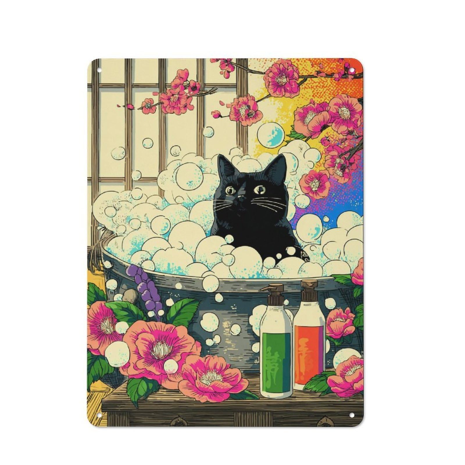Junmoney Cherry Blossom Bath Time With Black Cat Retro Metal Plaque 40X30cm For Guest Room Or Hallway, Housewarming Present For People Styling Guest Room And Hallway