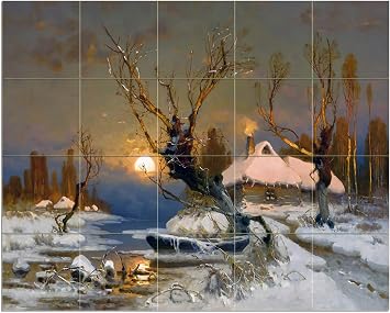 Tile Mural Winter Landscape by Yuli Klever Sunset Evening River Boat Snow Kitchen Bathroom Shower Wall Backsplash Splashback 5x4 4.25" Ceramic, Matte