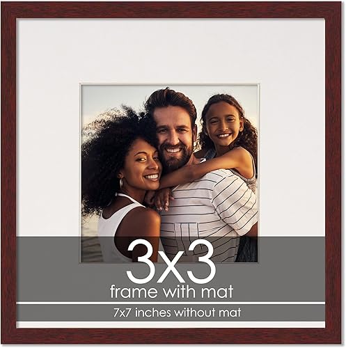 Miniatura 1 de Marco de 3 x 3 con paspartú, marco de madera marrón de 7 x 7 pulgadas, hecho para exhibir impresión o póster de 3 x 3 pulgadas con paspartú blanco