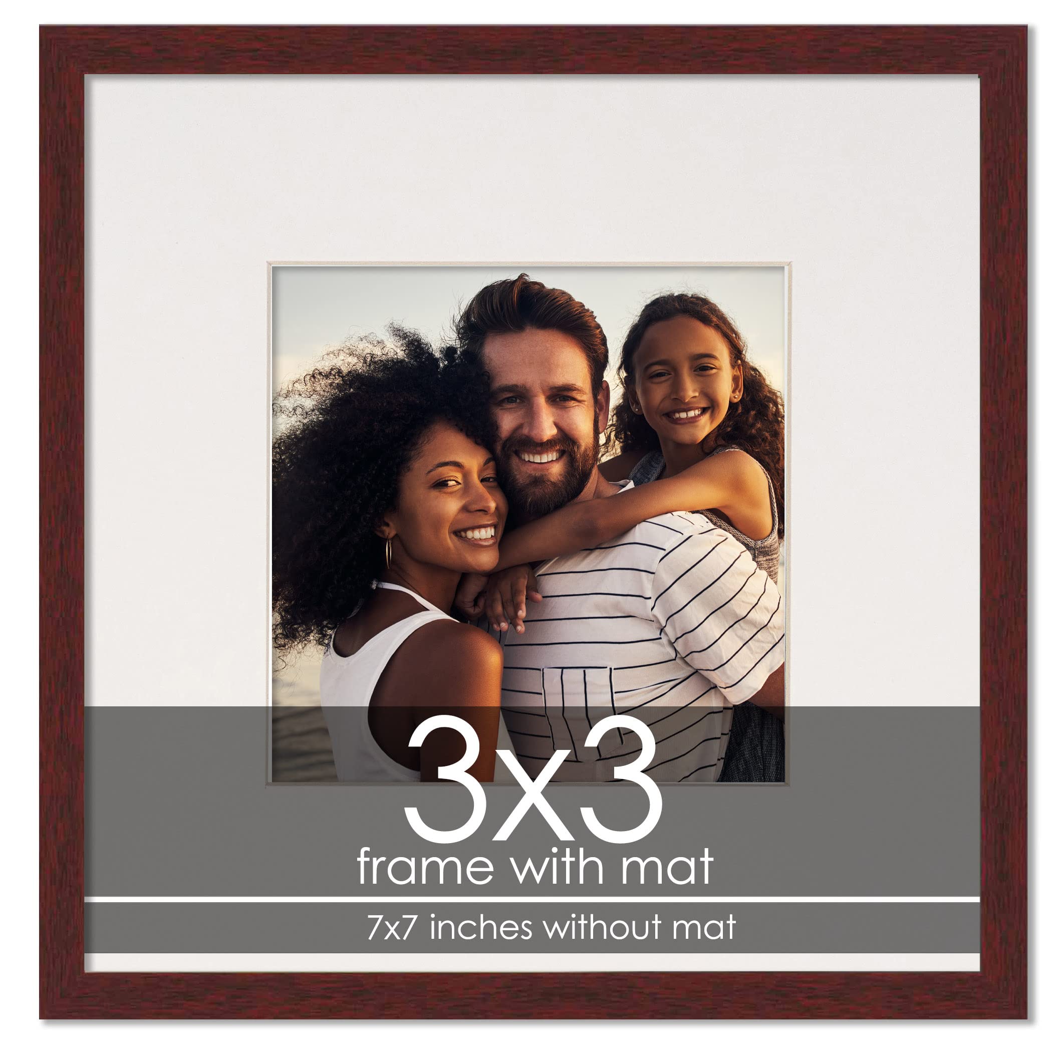 3x3 Frame with Mat - Brown 7x7 Frame Wood Made to Display Print or Poster Measuring 3 x 3 Inches with White Photo Mat-image-1