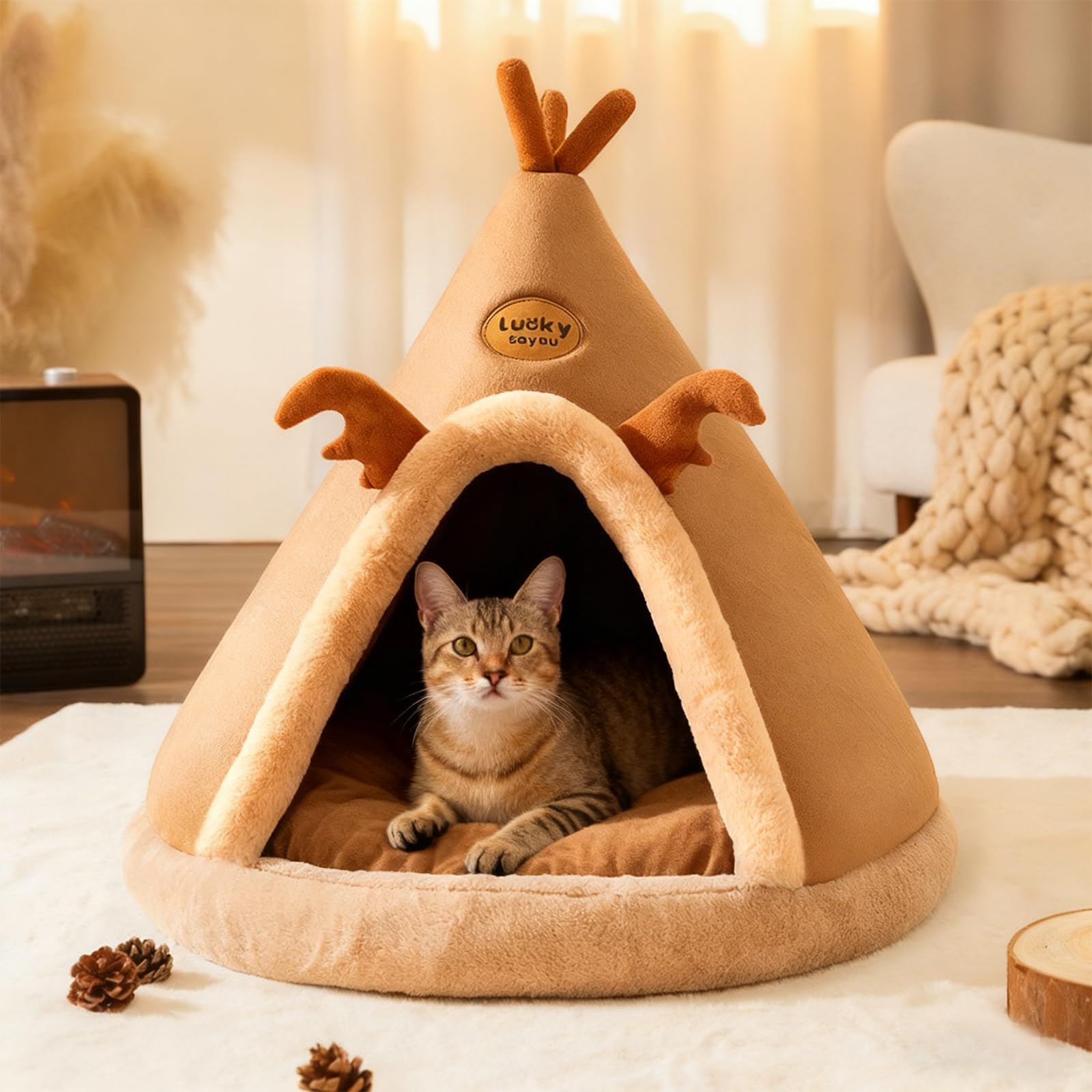 PETCUTE Cuccia per Gatti Semi-Chiusa,Super Morbido,Letto per Gatti con Giocattolo Sospeso e Cuscino Rimovibile Lavabile,Cuccia Gatto Chiusa Interno con Fondo Antiscivolo,XL