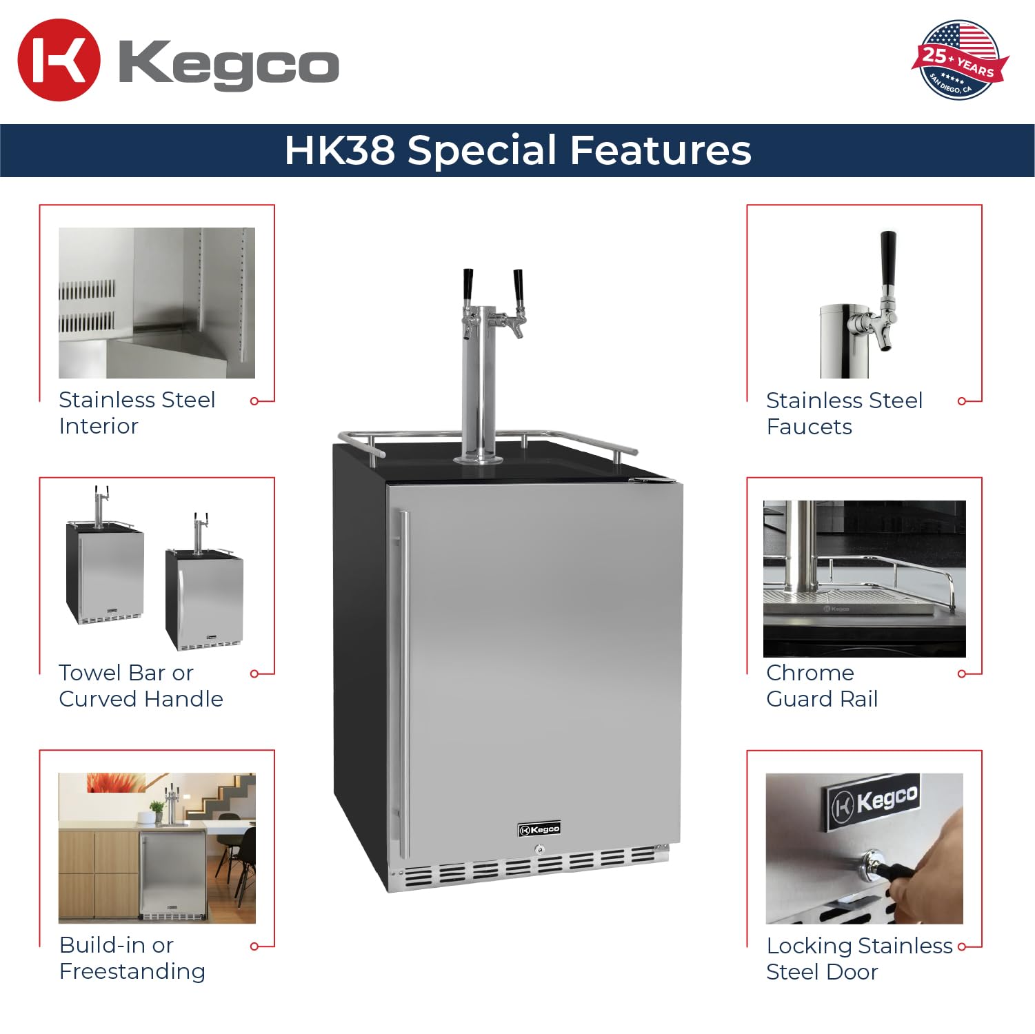 Kegco Kegerator 24" Wide Dual Tap Black/Stainless Steel Undercounter Beer Dispenser HK38BSU-2 on Fridge.com