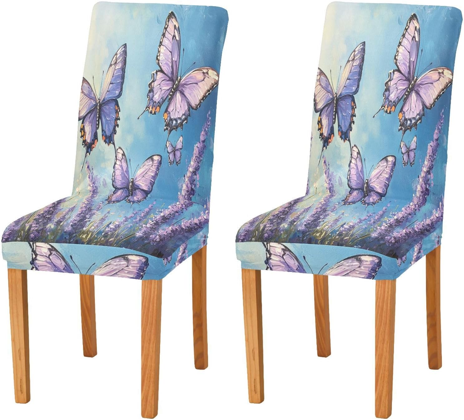 ALAZA Chair Covers for Dining Room, Lavender Butterflies Watercolor Stretch Chair Cover Sets Chair Protector Removable Washable for Ktichen Restaurant Hotel