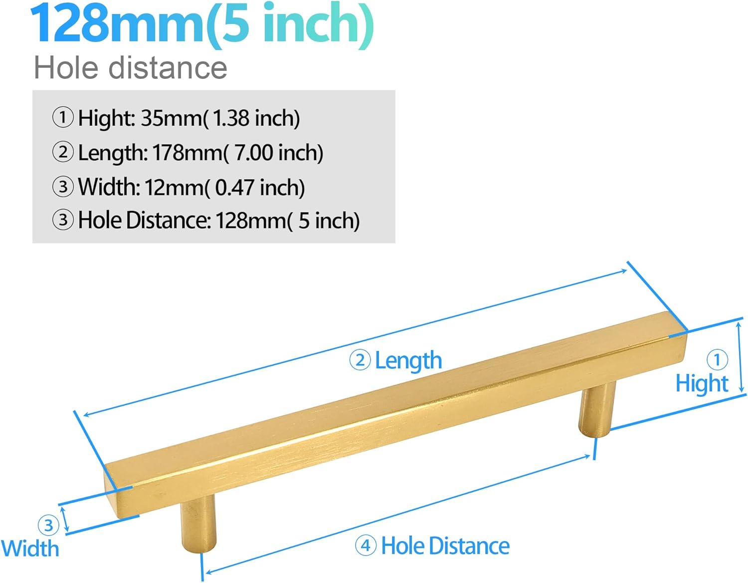 Cabinet Pulls Gold Cabinet Handles Square Drawer Pulls, 2 Pack 5 Inch 128mm Hole Centers Stainless Steel Kitchen Door Cupboard Cabinet Handles,7 Inch Length Hardware Handles 5 inch Hole Centers(128mm) 2 Pack Gold