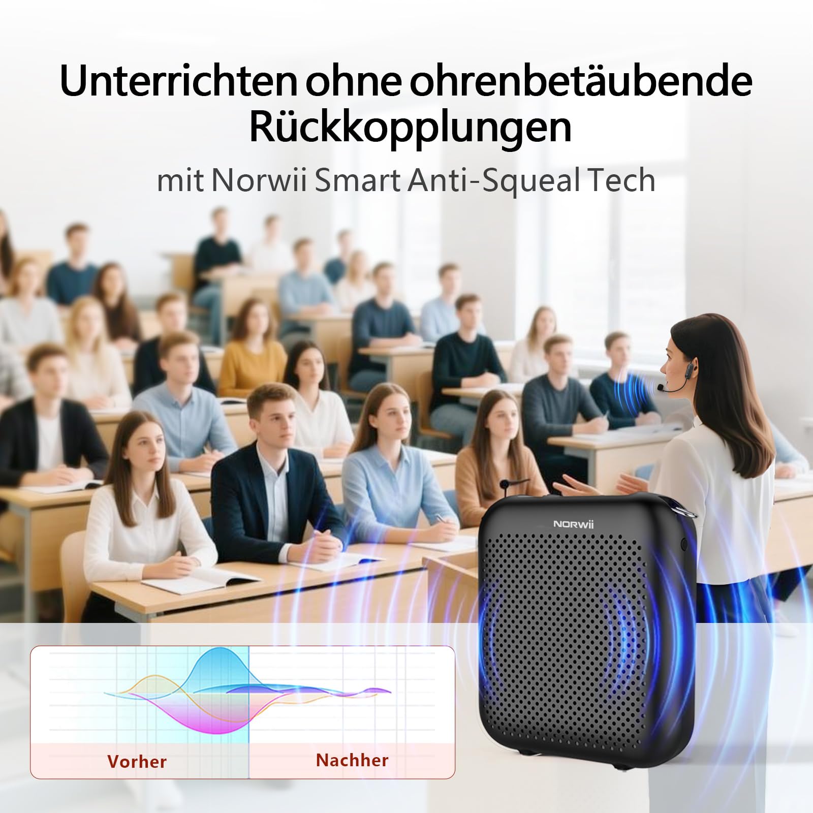 Norwii Kabelloser Sprachverstärker für Lehrer, Tragbarer Bluetooth Lautsprecher mit 2 Headsets, Mini Megafon PA-Endstufen für den Unterricht, Reiseleiter & Reden, 15W Leistung, 5200mAh Akku