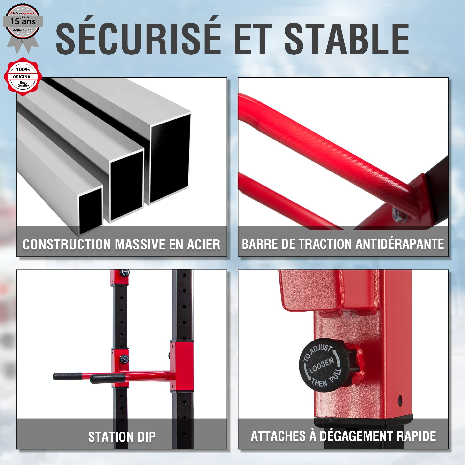 Ultrasport Mixte Banc de Musculation/Cage à Squats en Acier Massif, avec 2 Barres de Sécurité, Barre de Traction, Barre de Dips, Rameur - Noir/Rouge, 145.5 x 141 x 213.5 cm