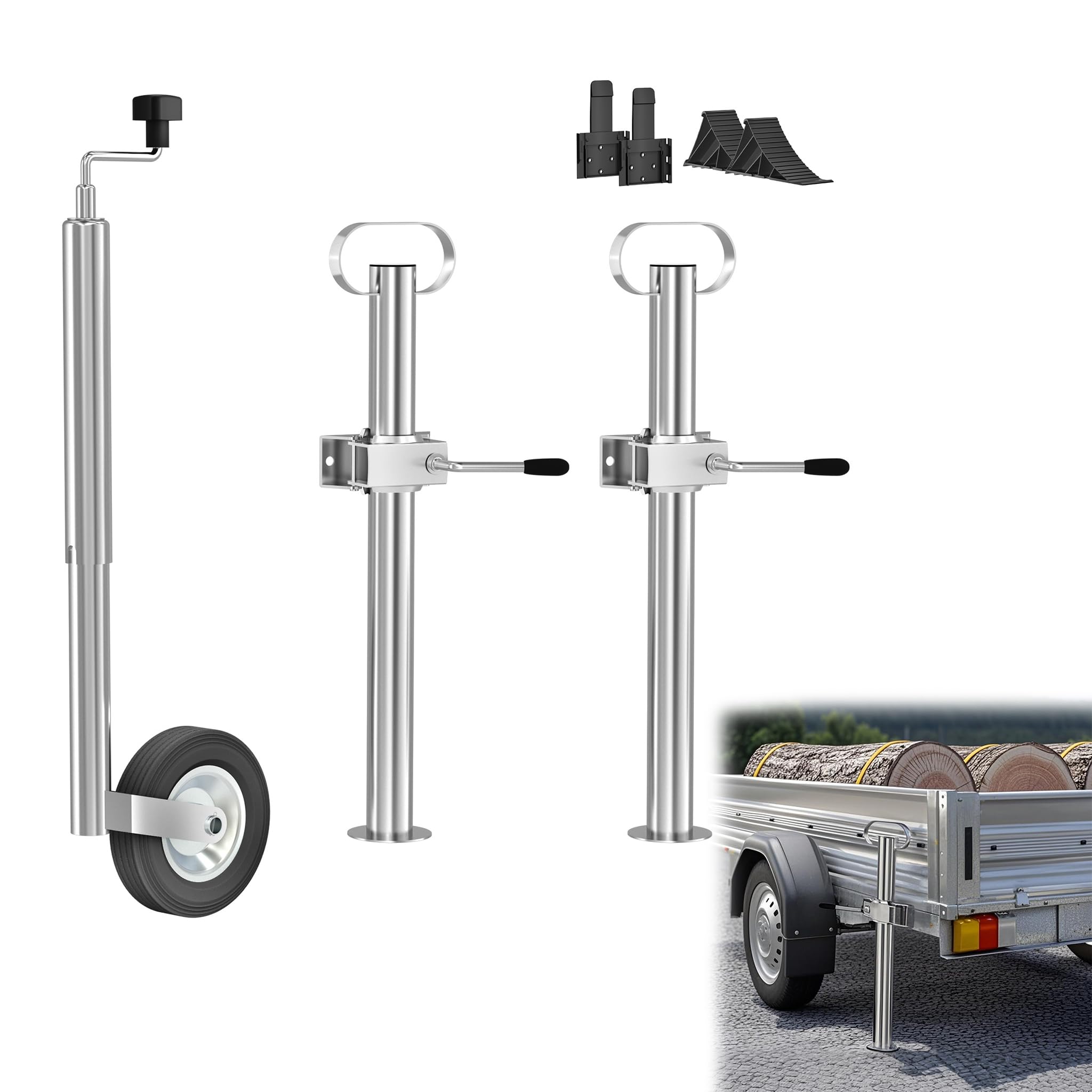 YRHome Zestaw akcesoriów do przyczepy, koło podporowe z pełnej gumy, do 150 kg, z zestawem montażowym, 610-870 mm, regulowana długość rury podporowej Ø 48 mm, do przyczep, przyczep kempingowych,