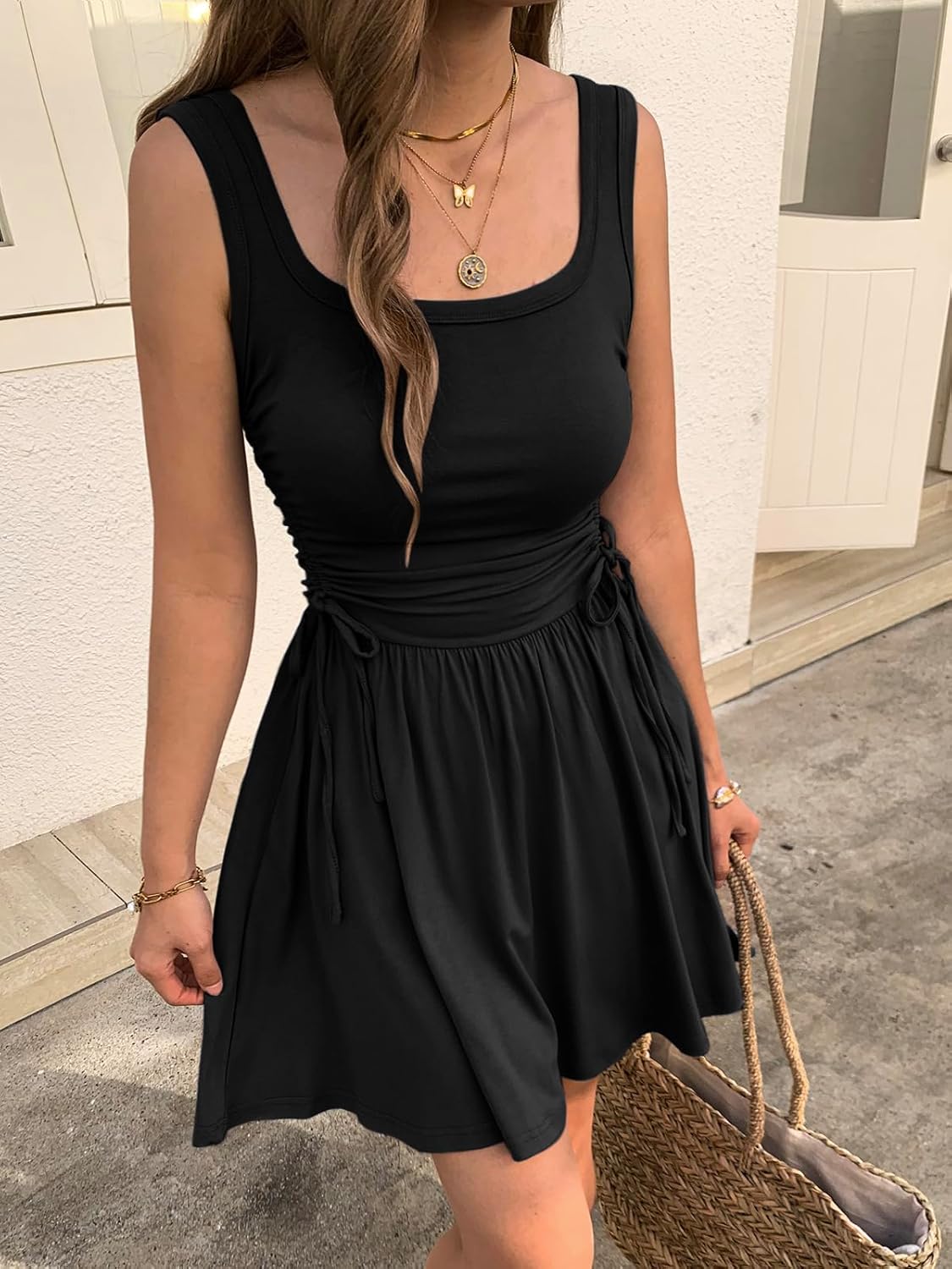 Women’s Sleeveless Summer Mini Dress Adjustable Drawstring Ruched Waist Tie Casual A-Line Sundress with Pockets - Image 2