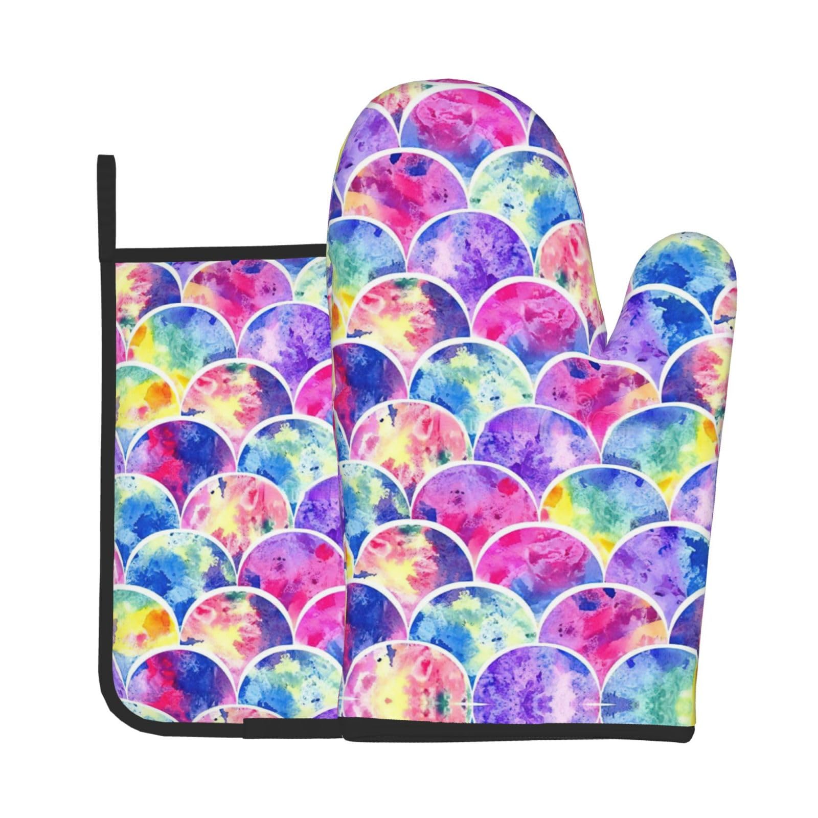 Rainbow Colors Mermaid Kitchen Baking Two-Piece Set,Multipurpose Oven Gloves,Used for Barbecue Kitchen Baking