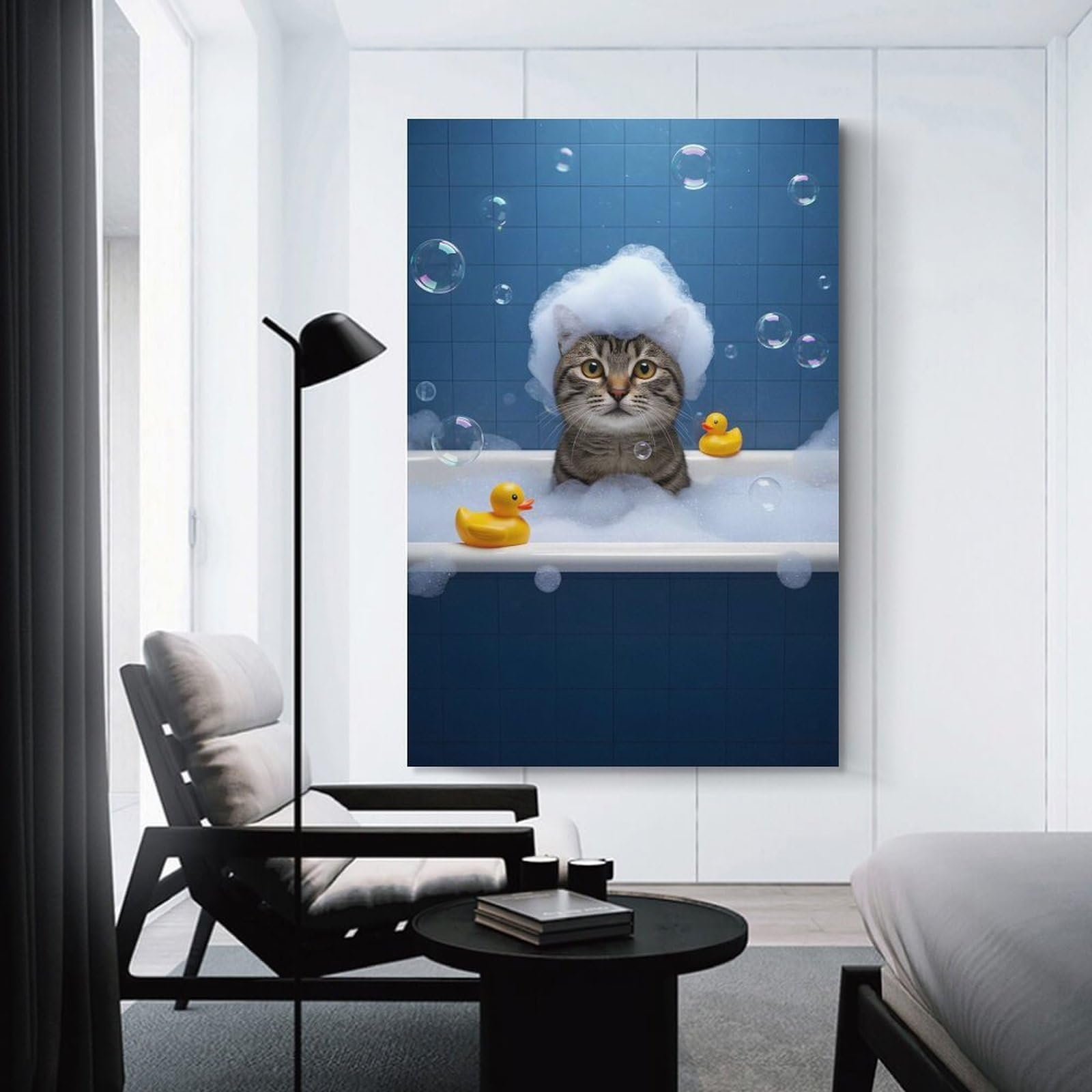 Junmoney Wall Decor Canvas Print Cat in Bathtub with Bubbles, 20x30inch(50x75cm), for Study, Office Or Focused Interiors, Wall Art That Adds Style to Work Areas