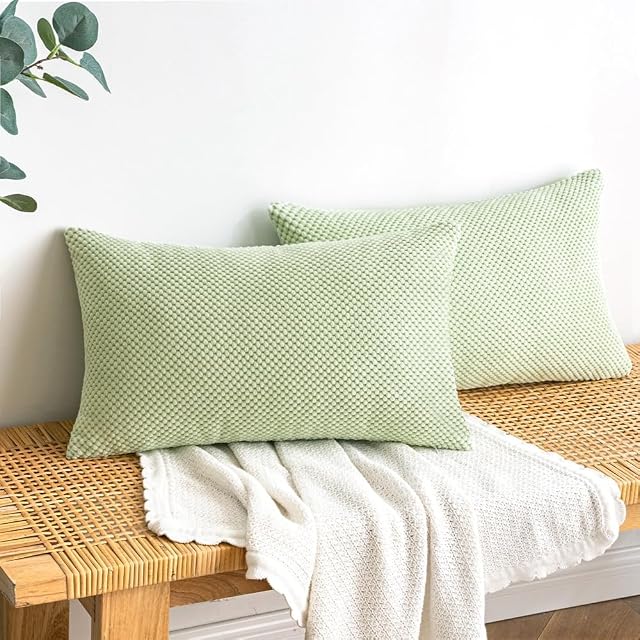 EMEMA Corduroy Granule Cushion Covers Decorative Throw Pillow Covers Oblong Soft Pellets Solid Pillowcase for Sofa Bedroom 12x20 Inch 2 Pieces Light-green