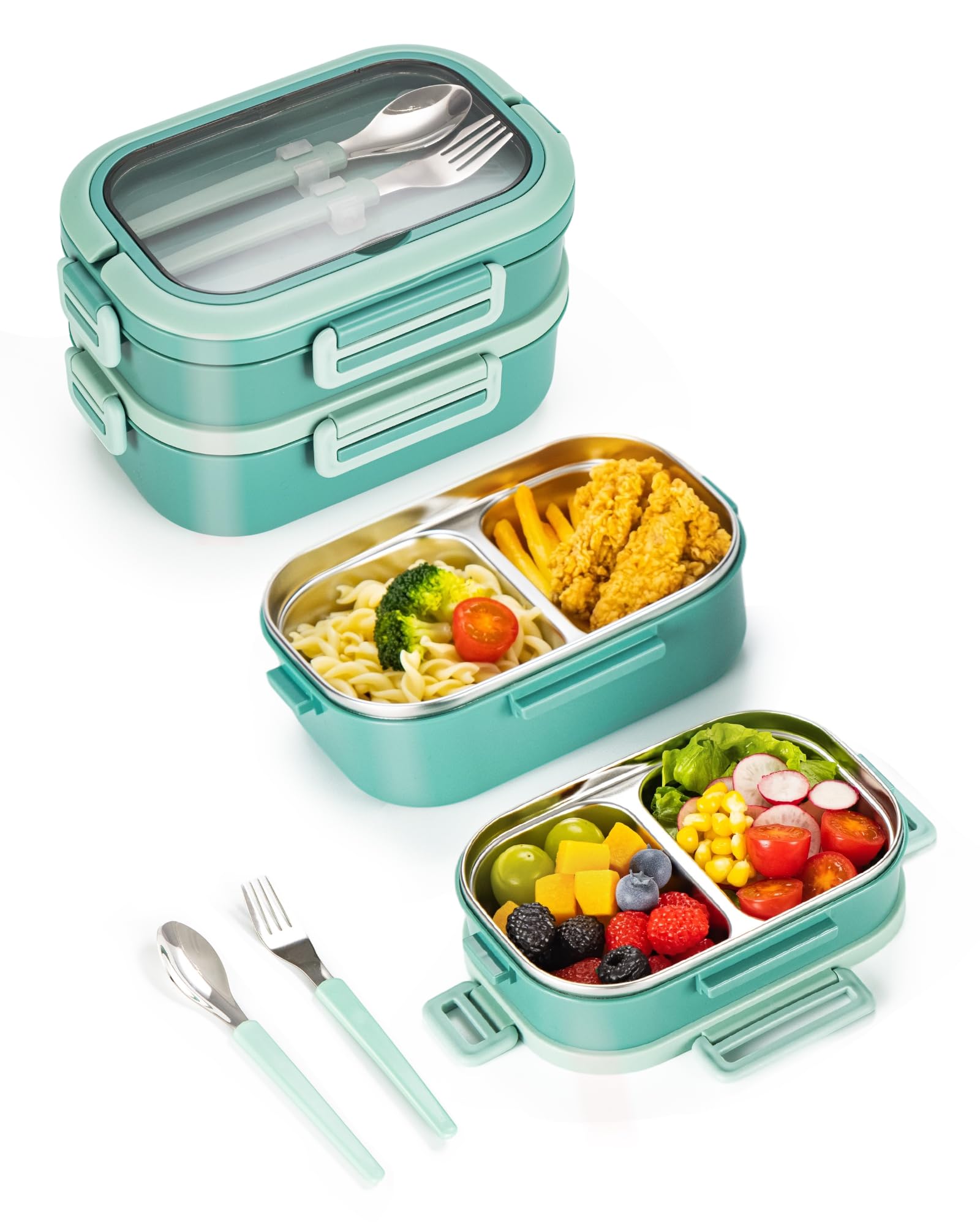 Lille Home 2-Tier Stainless Steel Lunch Box, 1650ml Leakproof Bento Box with 4 Compartments & Cutlery, BPA Free Meal Prep Container–for Office, Gym & Outdoor (Green-2 Tier) — image 1