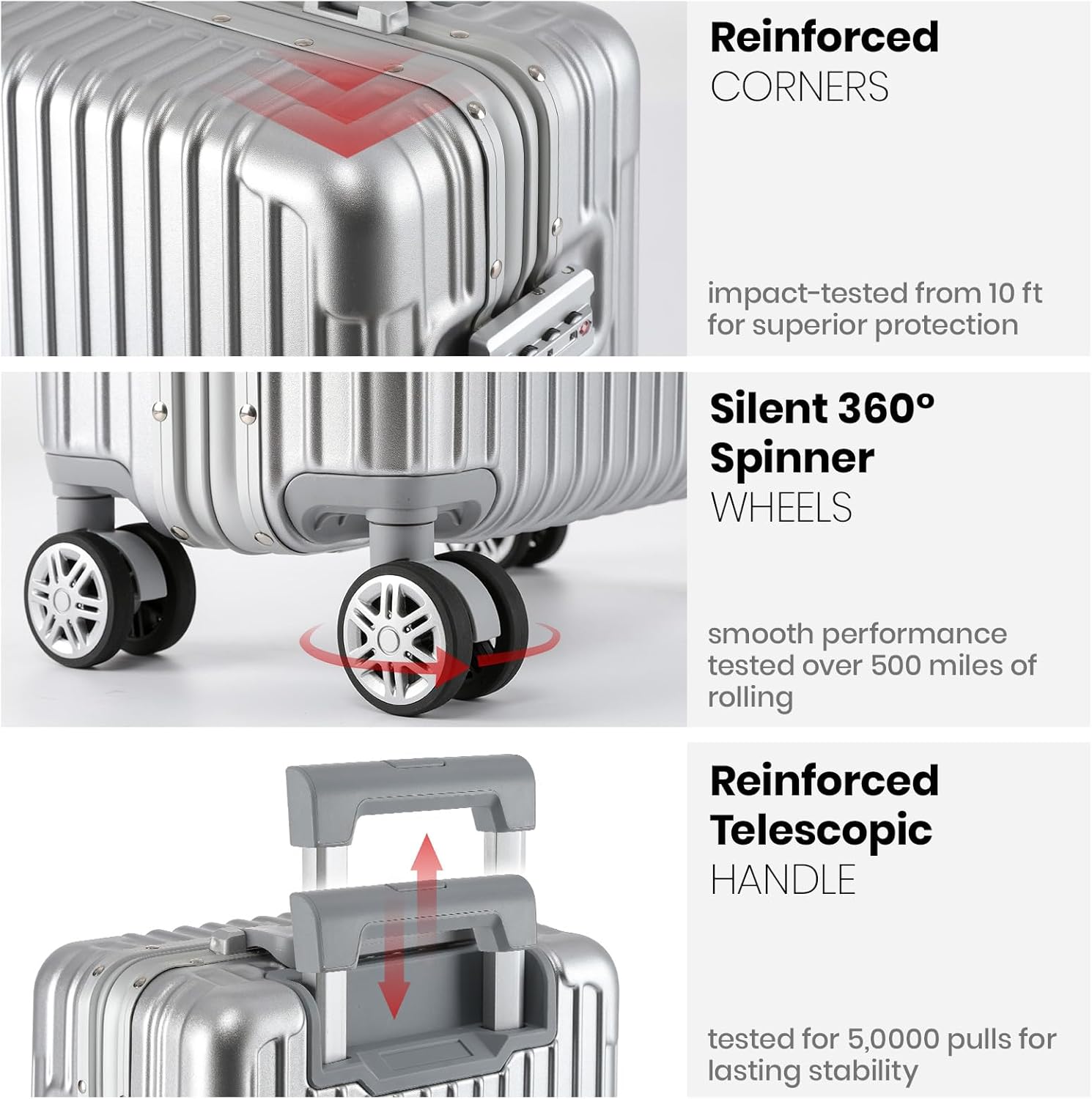 Aluminum Carry On Luggage 21.6x13x8.3 Airline Approved with Spinner Wheels,20 Inch Hard Shell Zipperless Suitcase with TSA Lock for International Travel and Business,Silver