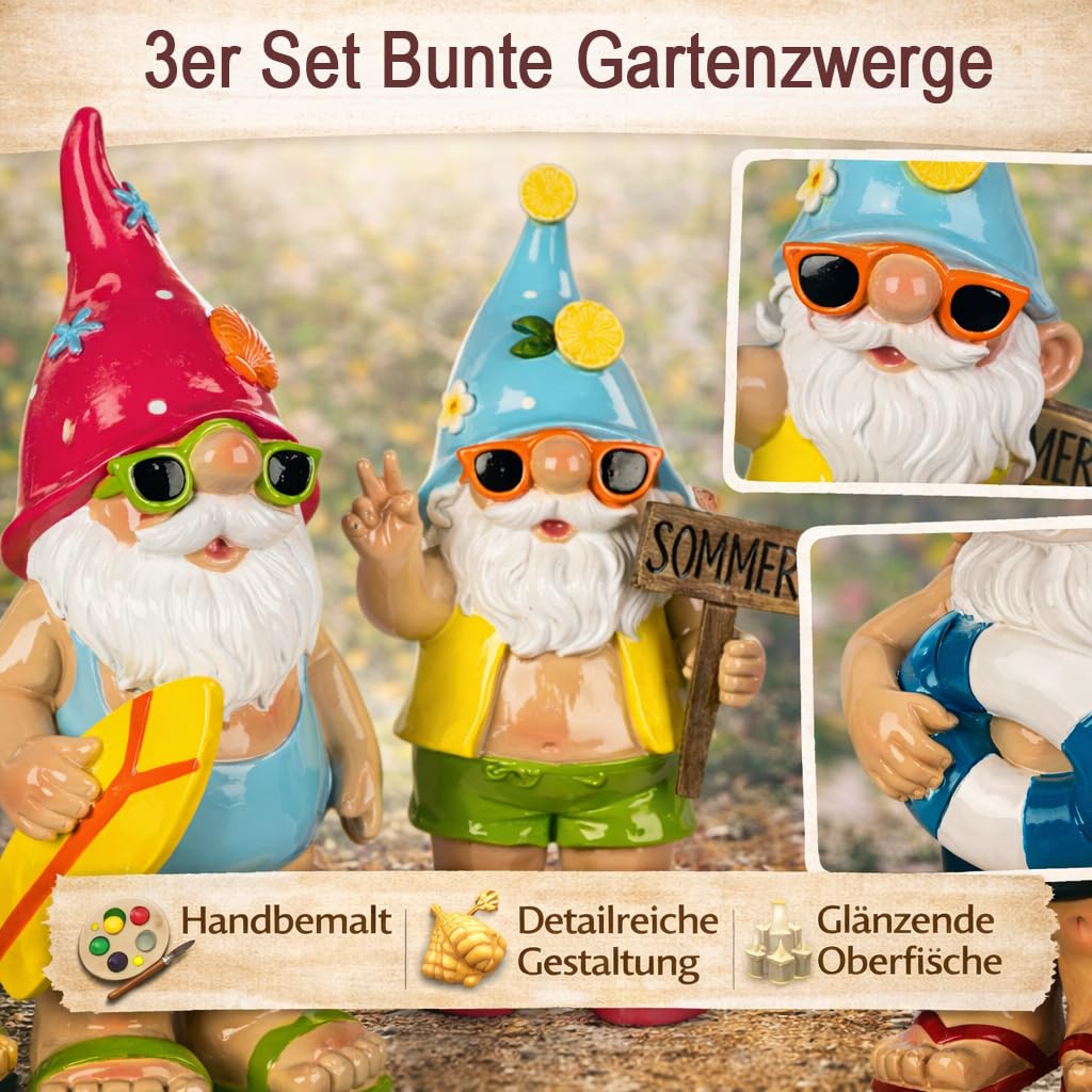 formano 3er Set Gartenzwerge lustige Gartendeko Figuren aus Kunststein handbemalt 24 cm Gartenfiguren mit glänzender Oberfläche für Garten Terrasse Balkon, dekorative Outdoor Zwerge