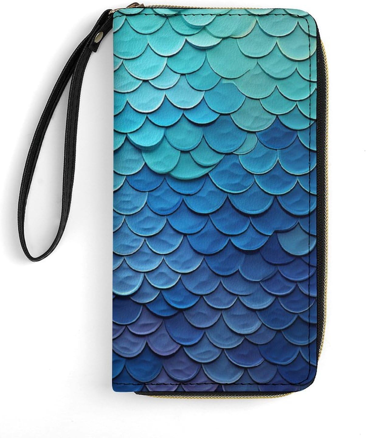 Womens Wallet Sea Blue Mermaid Fish Scale Printed Wristlet Wallets for Women Large Capacity Credit Card Holder Ladies Phone Clutch Leather Zip Around Clutch Wallet