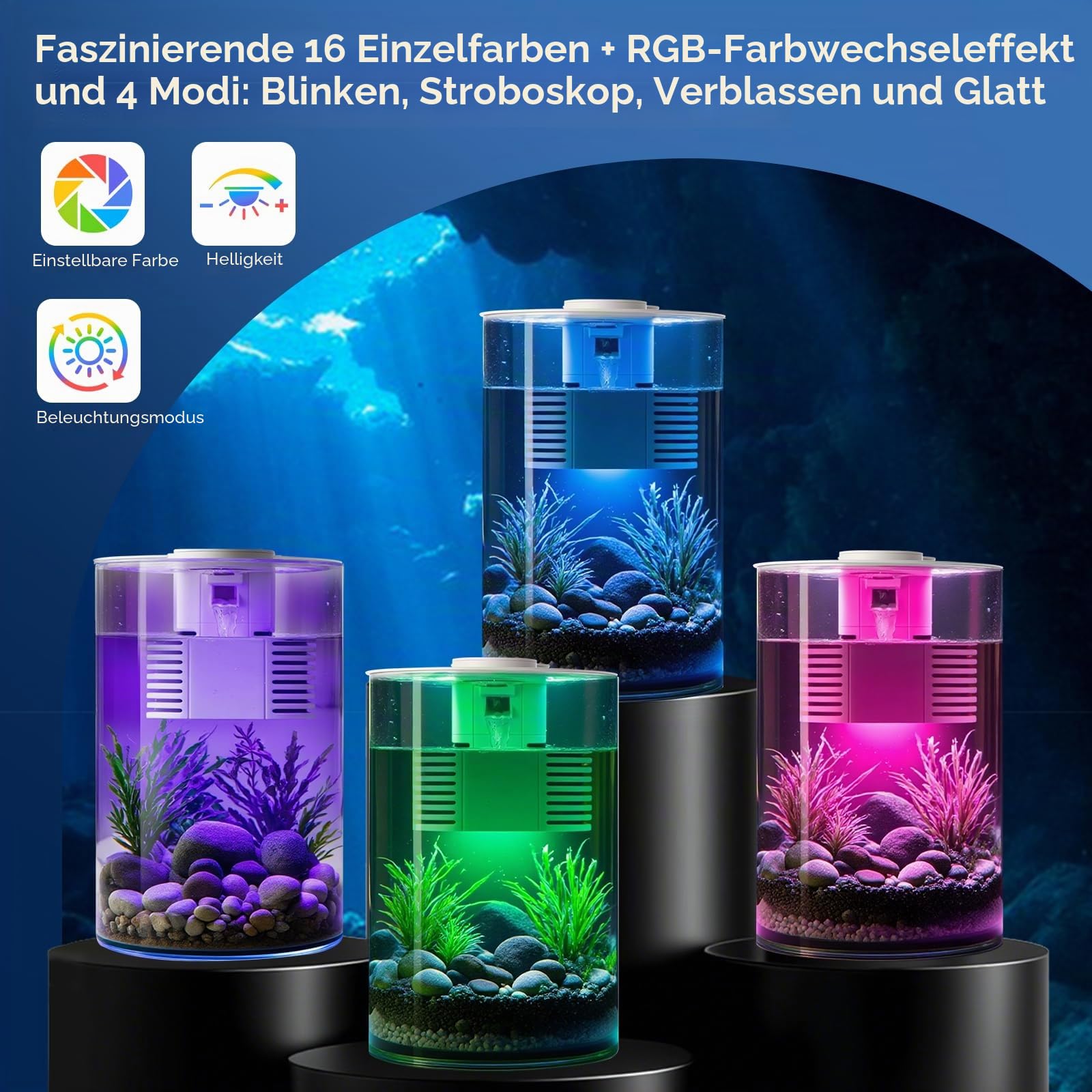 Aquarium mit Filter und LED-Beleuchtung, mehrfarbig, 11 l/3 Gallonen, komplettes Fischglas, kleines Aquarium 360 ° Fish Tank für kleine Fische und Fische, Betta, Büro und Geschenke