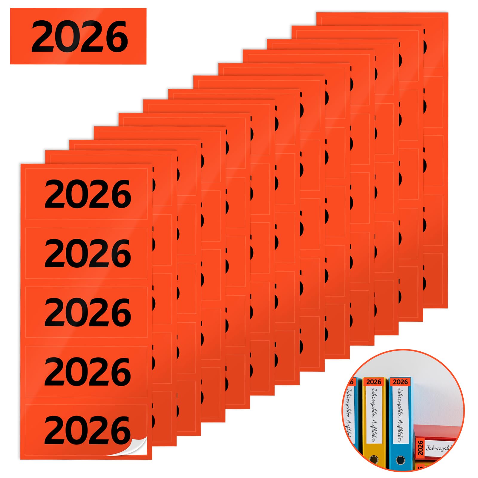 Pack of 100 Year Numbers Stickers 2026 for Folders 60 x 25 mm Ahres Numbers Stickers Folder Labels 2026 for Labelling Folder Storage Documents Orange