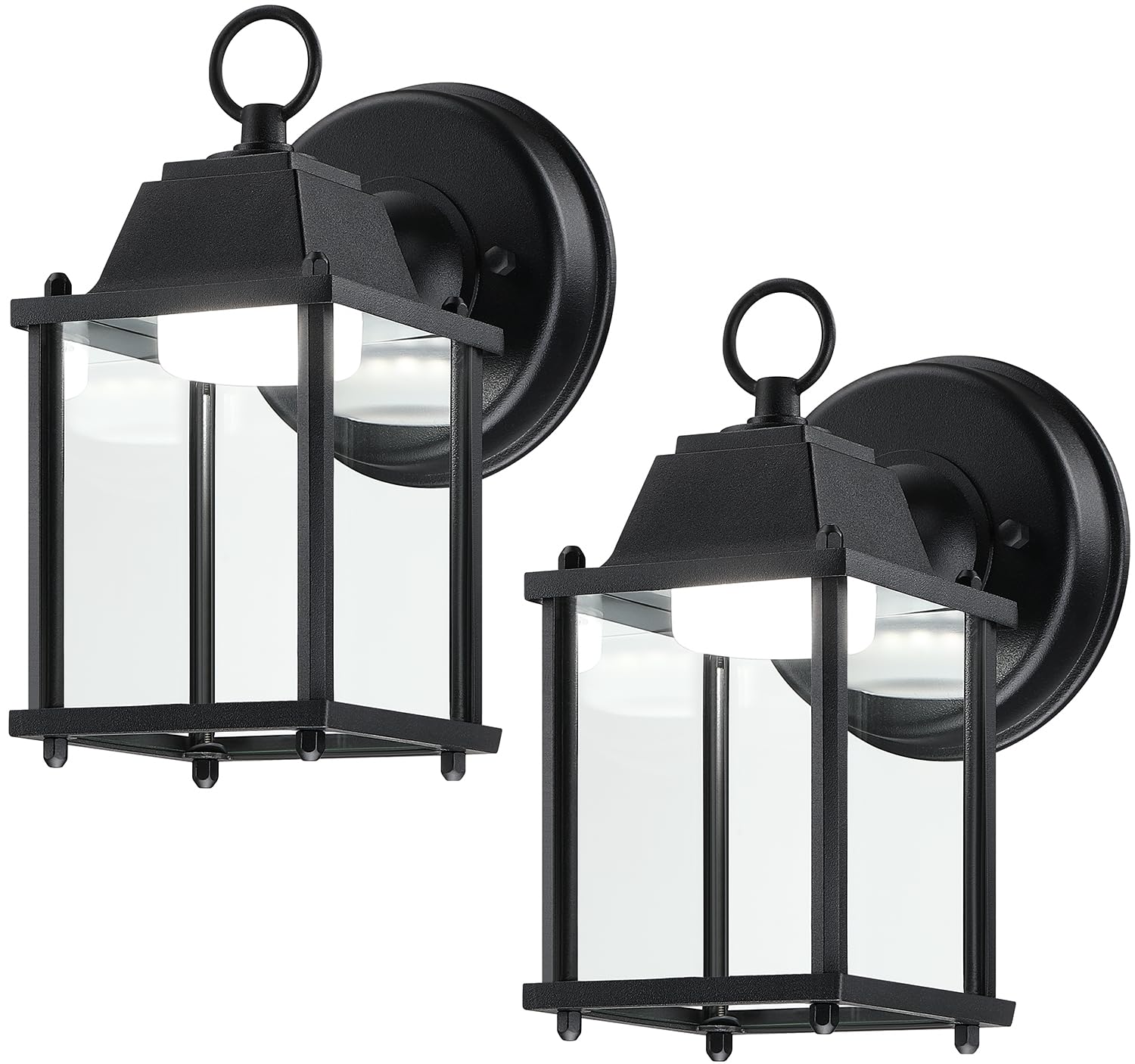Outdoor LED Wall Lantern, Wall Sconce as Porch Lighting Fixture, 5000K Daylight White, 9.5W 800 Lumen, Aluminum Housing Plus Glass, Black Finish, 2-Pack