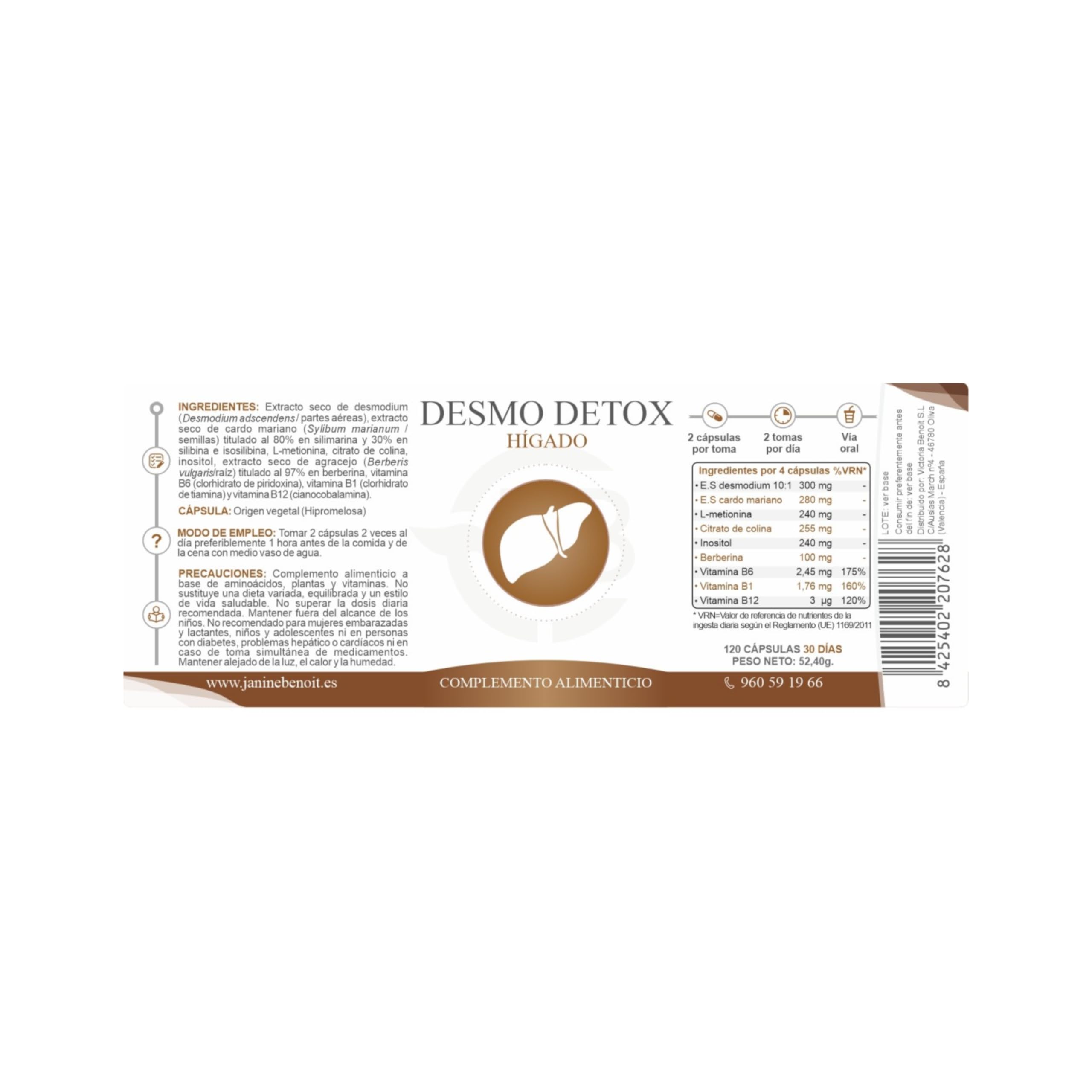 Desmo Detox | Con Desmodium, Cardo Mariano, Colina, Berberina y Vitaminas B | Detox Hepático y Apoyo Metabólico | 120 Cápsulas Vegetales
