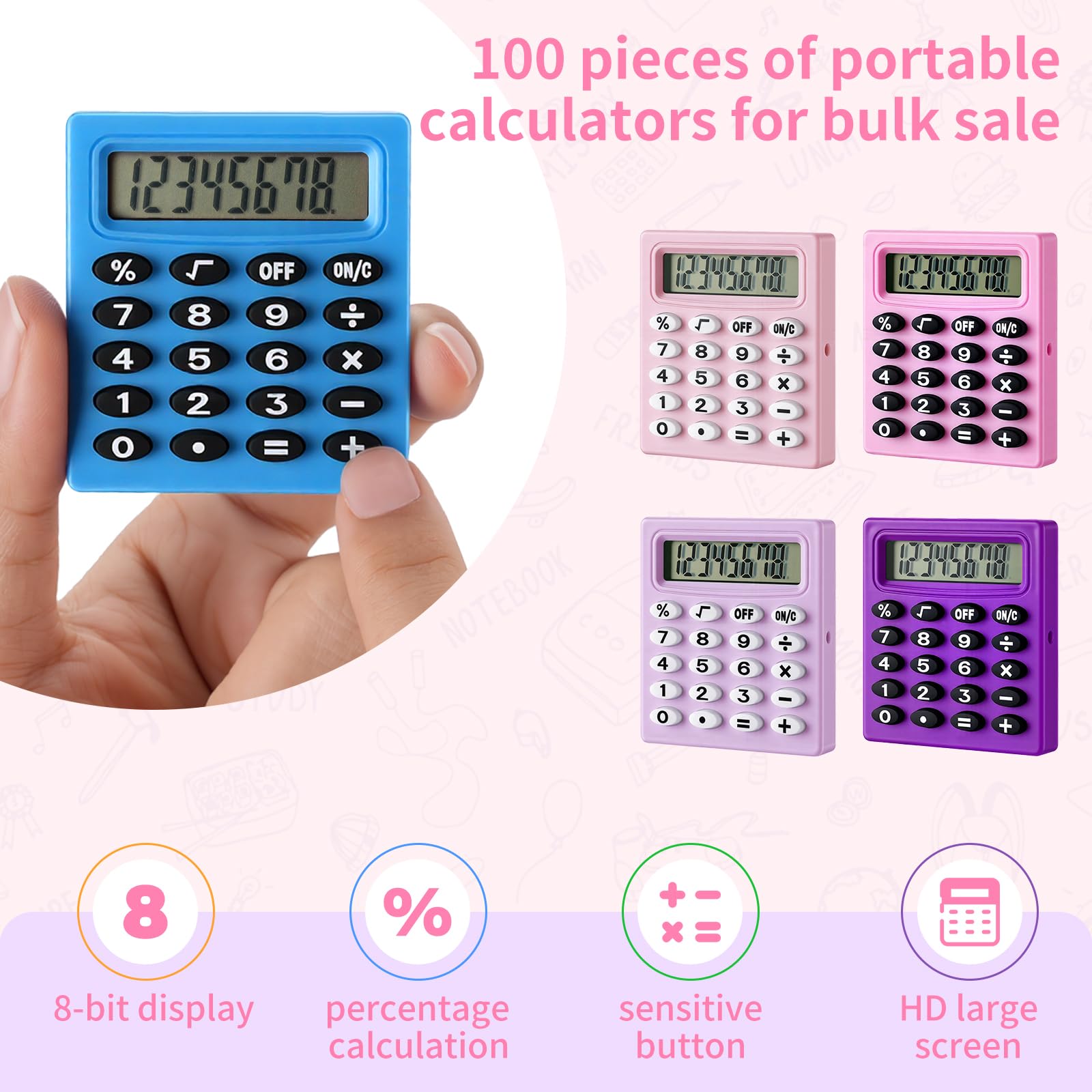 Lot de 100 petites calculatrices de poche à 8 chiffres pour étudiants, enfants, enseignants, école, bureau, maison (10 couleurs)