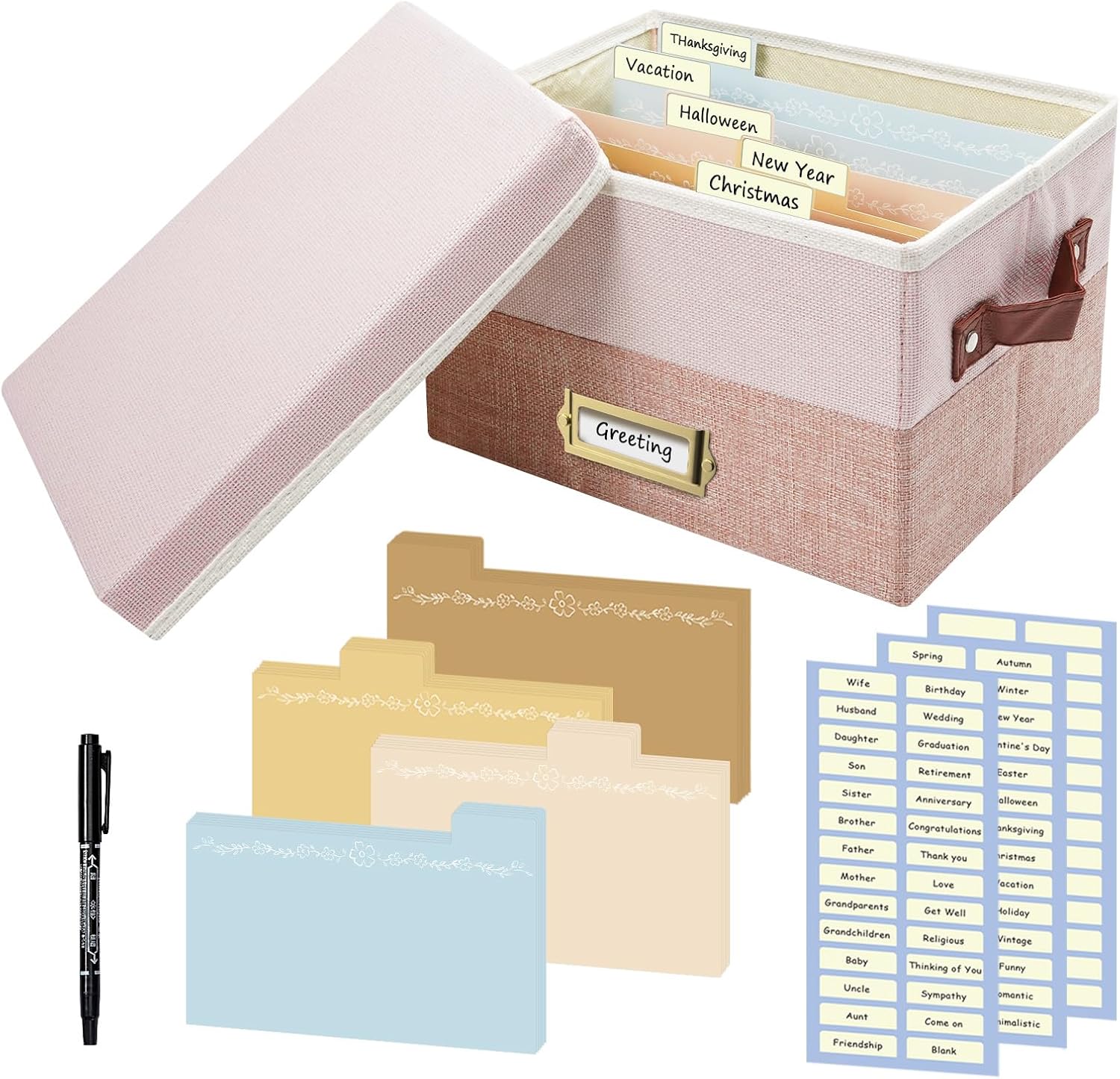 Greeting Card Organizer, Linen Storage Box with 20 Removable Dividers, 84 Labels & 1 Marker, Perfect for Greeting Cards, Photos, Envelopes, Stickers, Postcards, Light Pink&Lotus