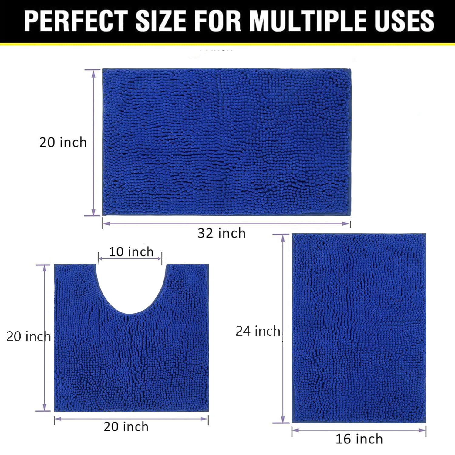 Alfombras de baño de felpilla de 3 piezas extra suaves y absorbentes, lavables a máquina, parte inferior antideslizante de PVC resistente, tapetes de felpa (azul rey)