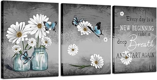 Biuteawal 3 piezas de arte de pared de margaritas, pintura de flores y mariposas, citas inspiradoras, lienzo impreso, cuadro de arte floral