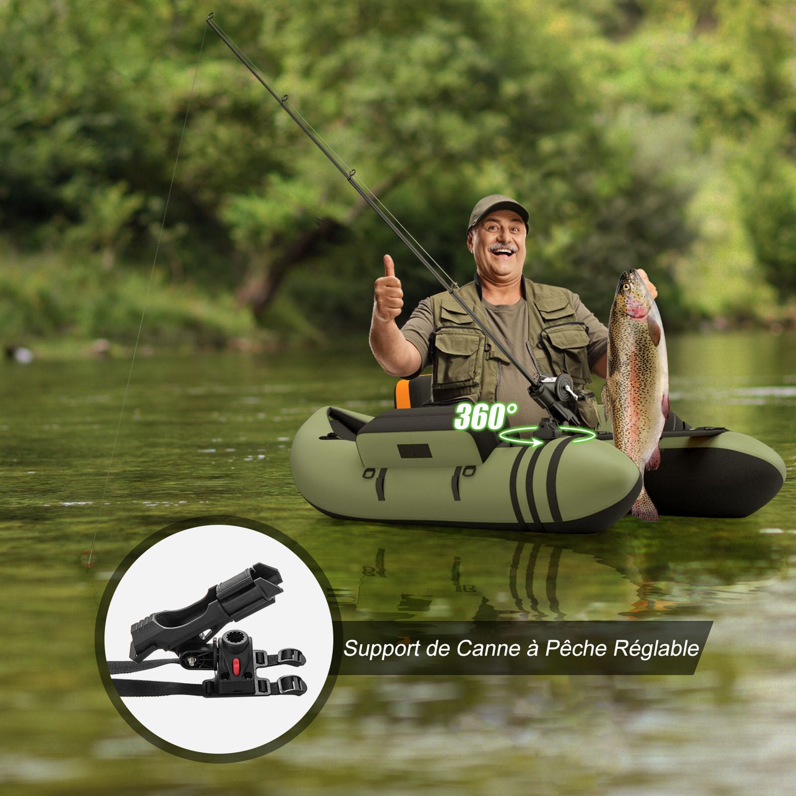GYMAX Bateau Pêche Gonflable Portable, avec Pagaie, Règle à Poisson, Porte-Canne, Palmes, Pompe, Poches de Rangement, Tansport Pratique avec Bandoulières