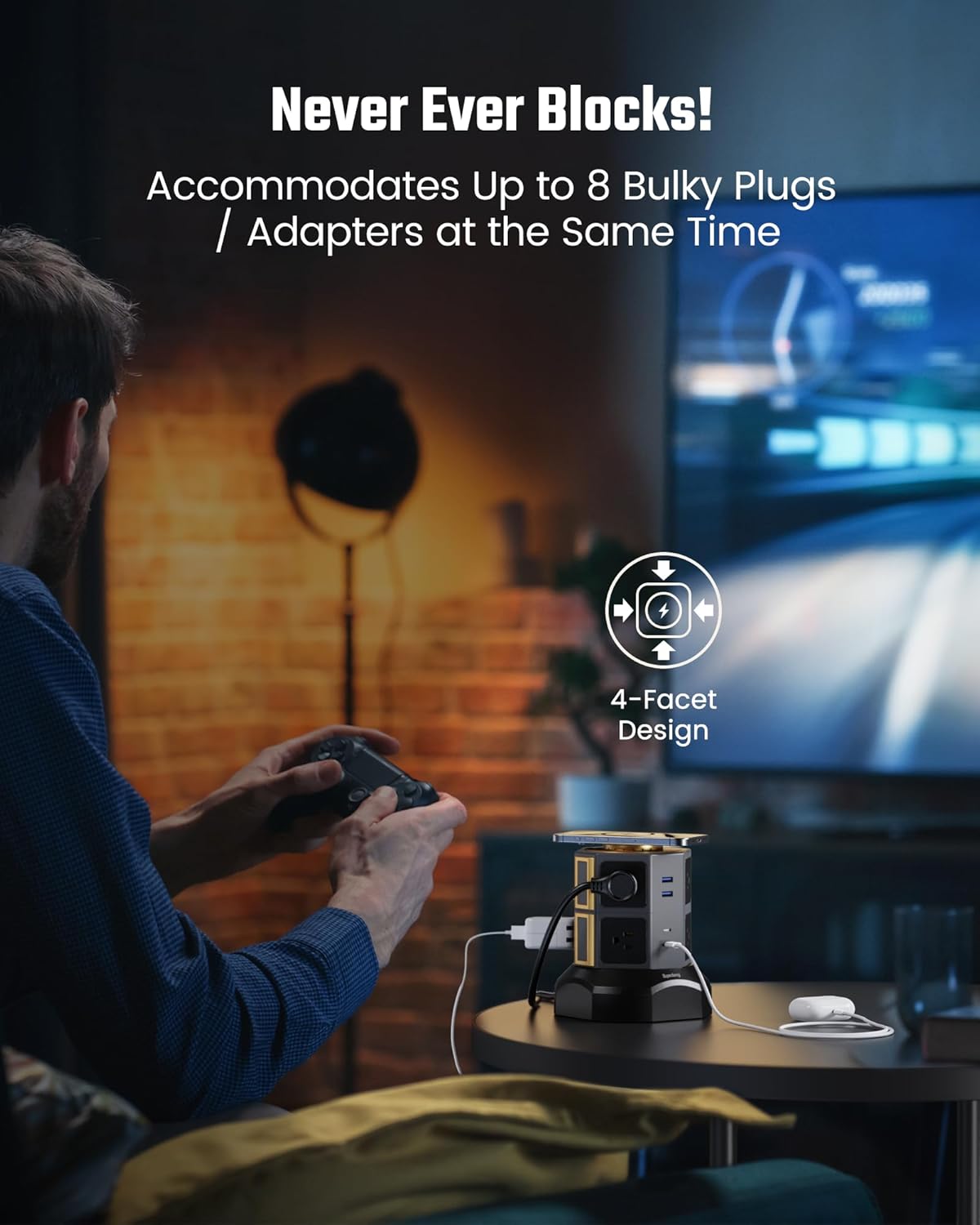 SUPERDANNY Power Strip Tower with 15W Wireless Charger, 6.5Ft Retractable Extension Cord, 1050J Surge Protector, Desktop Charging Station with 8 Outlets 4 USB Ports(2 USB C) for Home, Office, Garage