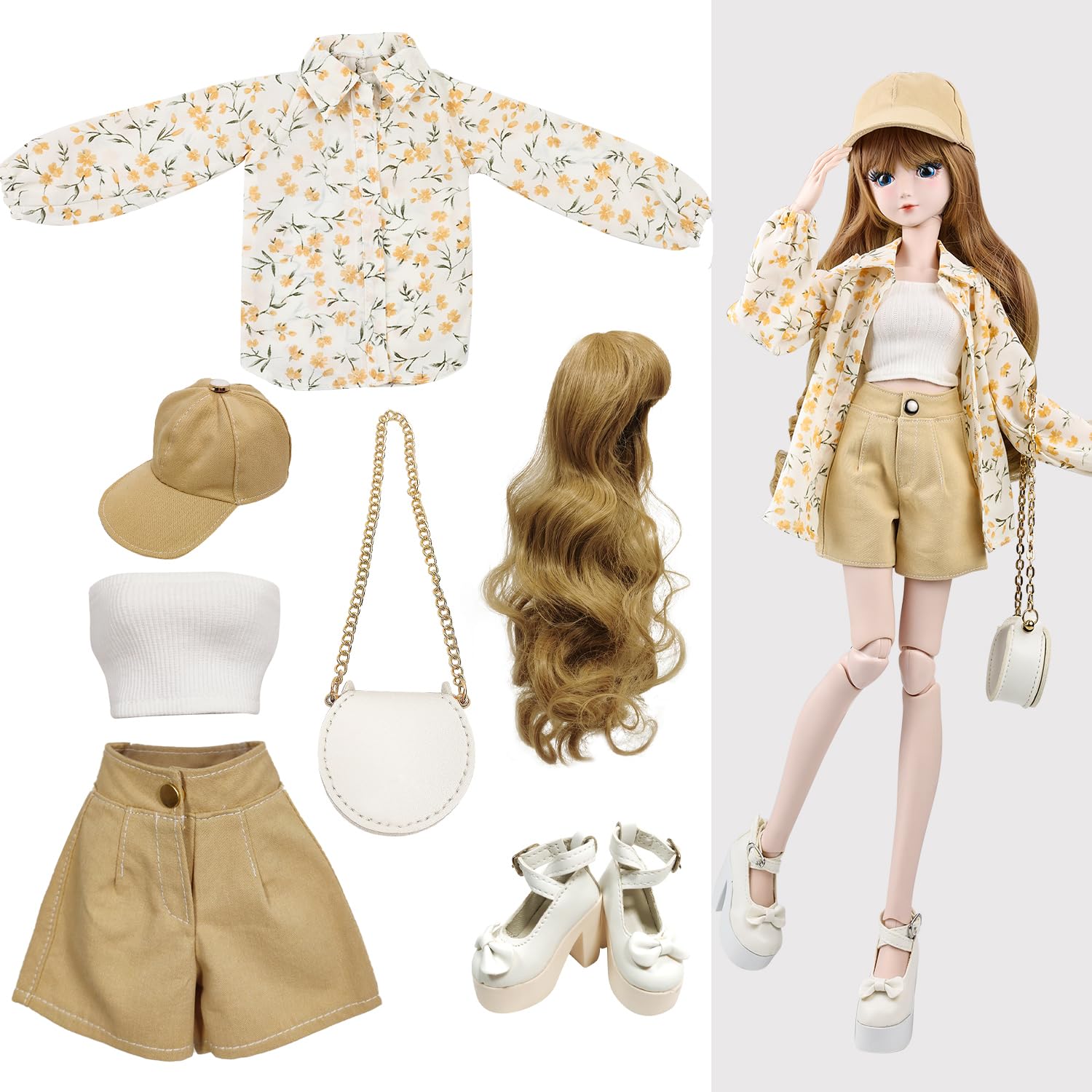 Proudoll 1/3 BJD Doll Clothes Outfit Set - Handcrafted Stylish Floral Blouse, Tank, Short, Cap, Wig, Cross-Body Bag, and High Heel, Compatible with 1/3 60cm 24in SD Dolls