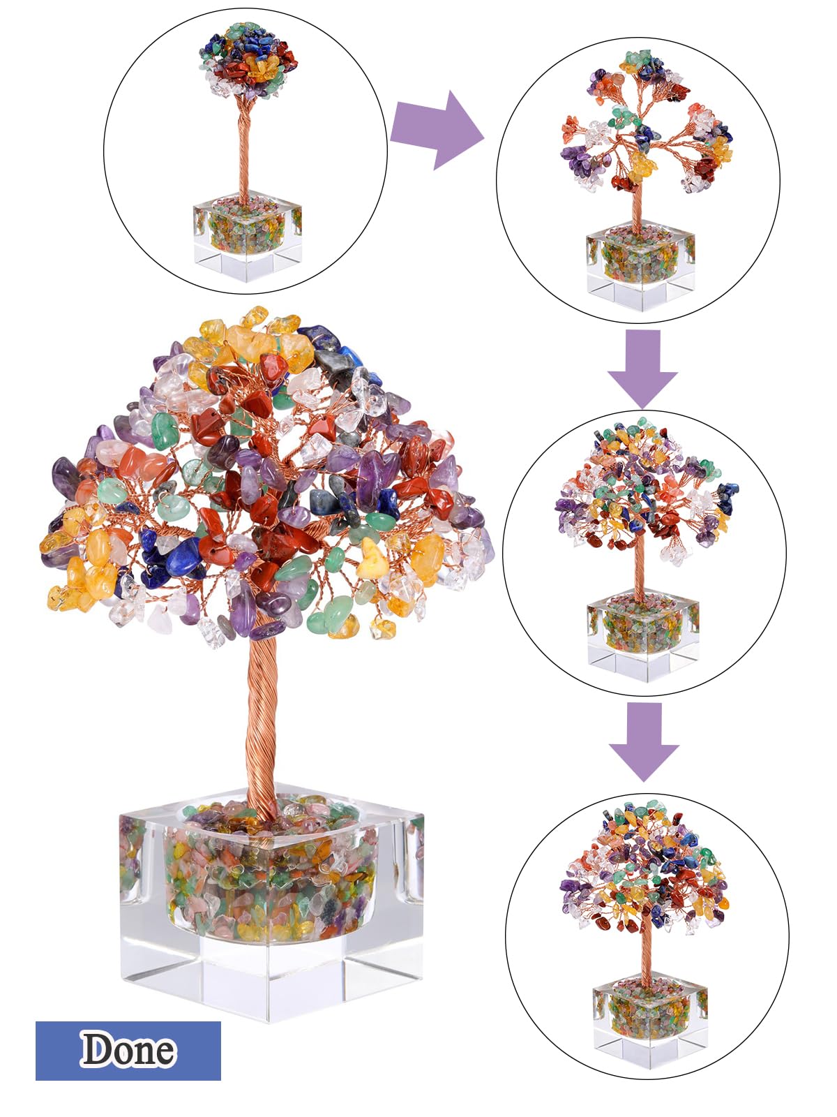 JSDDE Arbre de Vie en Pierres Naturelles avec Base Cube Transparent en Verre Feng Shui Bonsai Arbre de Cristal Porte Bonheur 7 Chakra Reiki Guérison Spirituel Décoration Maison Intérieurs (Améthyste)