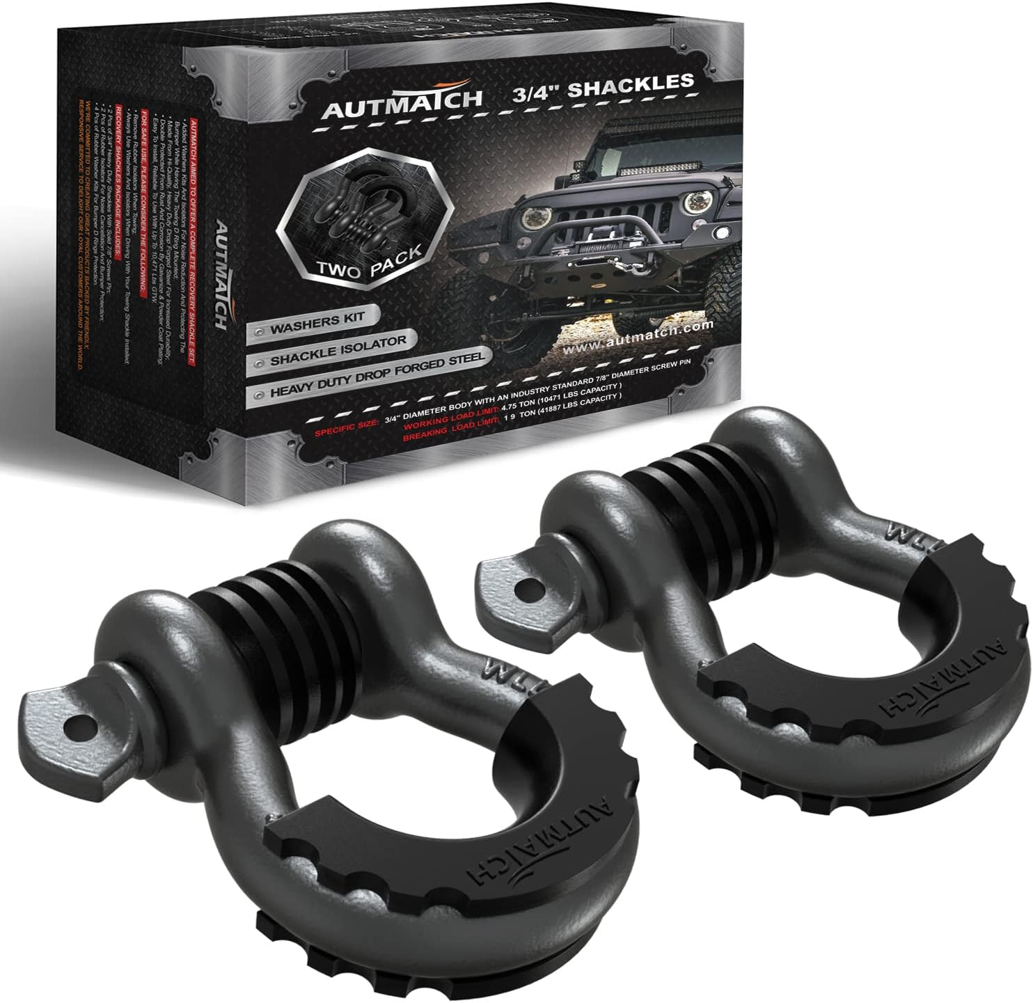 AUTMATCHD Ring Shackle 3/4" Shackles (2 Pack) 41,887Ibs Break Strength with 7/8" Screw Pin and Shackle Isolator Washers Kit for Tow Strap Winch Off Road Vehicle Recovery Gunmetal Gray