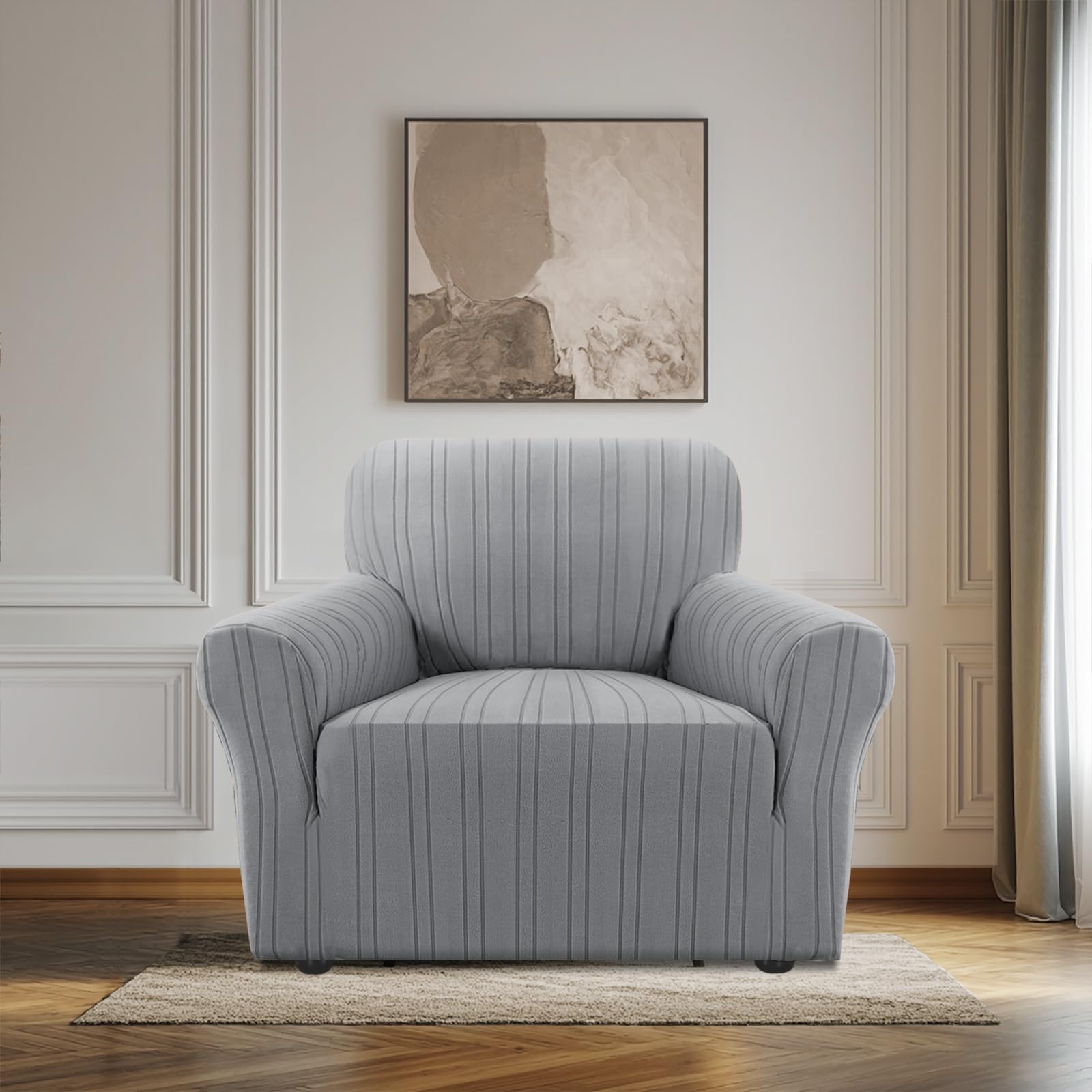 BellaHills High Stretch Armchair Covers Super Soft Chair Covers for Living Room Non Slip Sofa Cover with Elastic Bottom Couch Covers Washable Jacquard Fabric Stripe Design (1 Seater