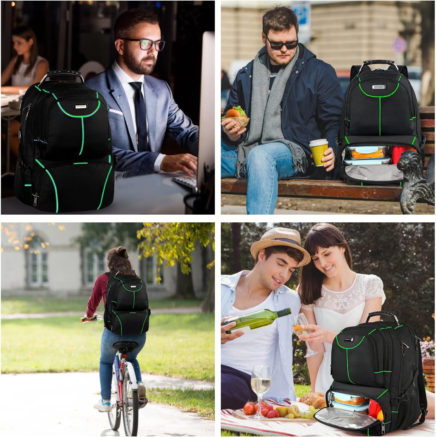 VECKUSON Zaino per computer portatile, 15,6 pollici, verde, unisex, impermeabile, porta di ricarica USB, isolato, approvato TSA, antifurto, tessuto in nylon poliestere resistente
