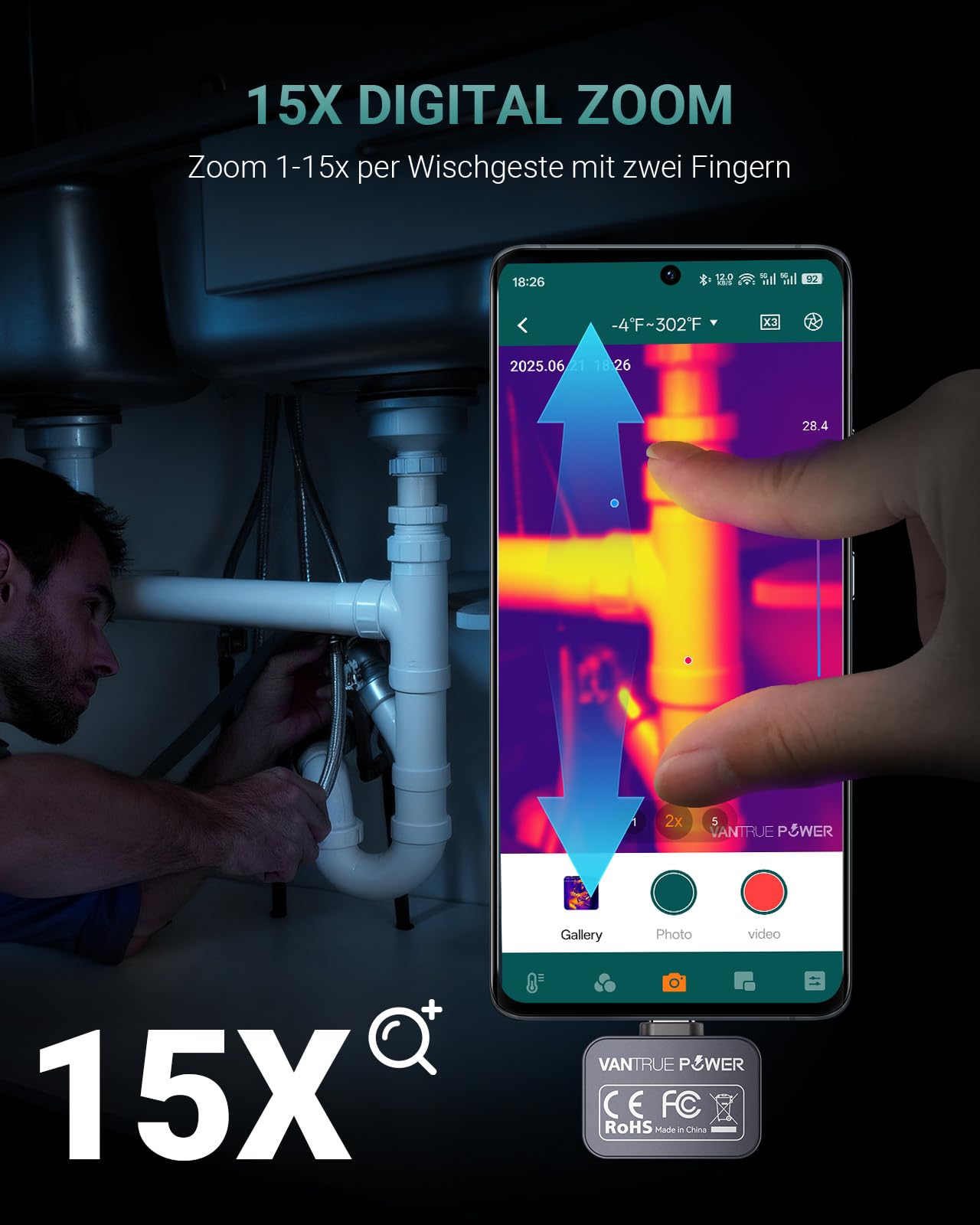 Wärmebildkamera Thermal TS1 für Android, Infrarotkamera Wärmebildkameras mit 512×384 Superauflösung Infrarot Kamera mit USB-C, -20°C bis 550°C, Haus-Inspektion 15x Zoom