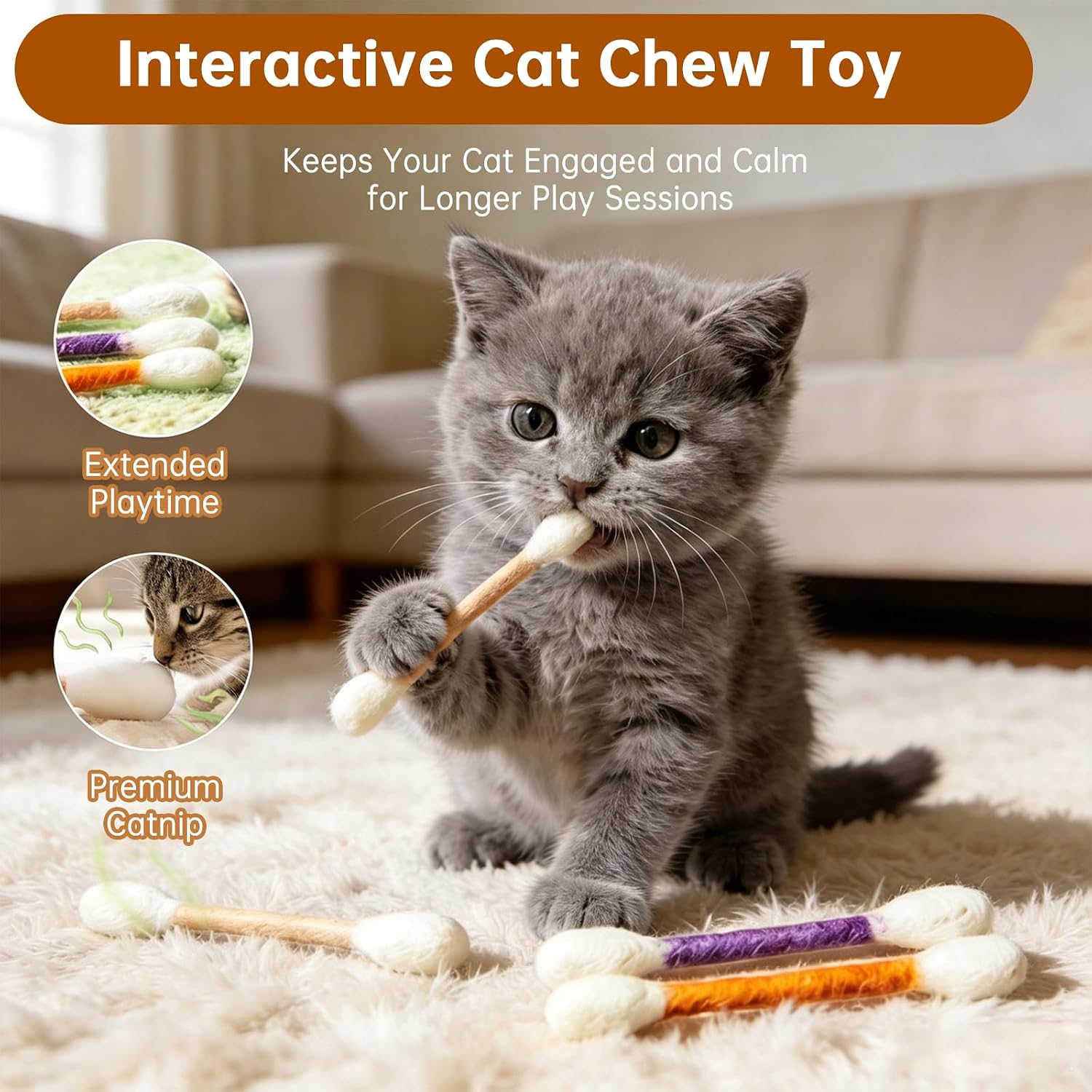 6 Pack Giant Cotton Swab Catnip Toys,Giant Qtip Cat Toy,Felt Interactive Kicker Chew Toys for Kittens & Indoor Cats, Soft Teething Toy with Organic Catnip, Eases Boredom, Cat Lover Gift(Blue) image 5