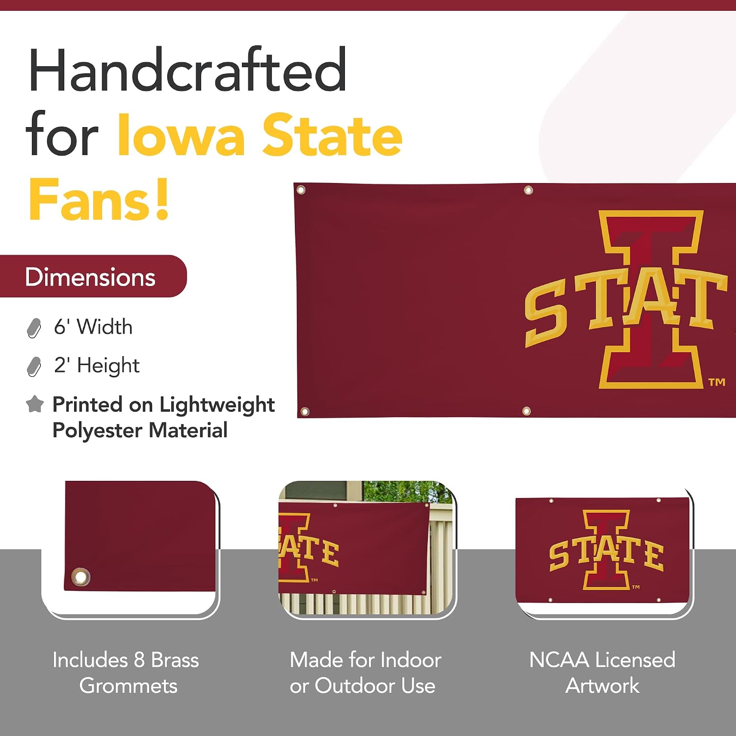 Iowa State Cyclones College Sports Printed Polyester Banner - NCAA Licensed - Hanging Graduation Decoration - School Banner (Red, Yellow) (2' x 6')
